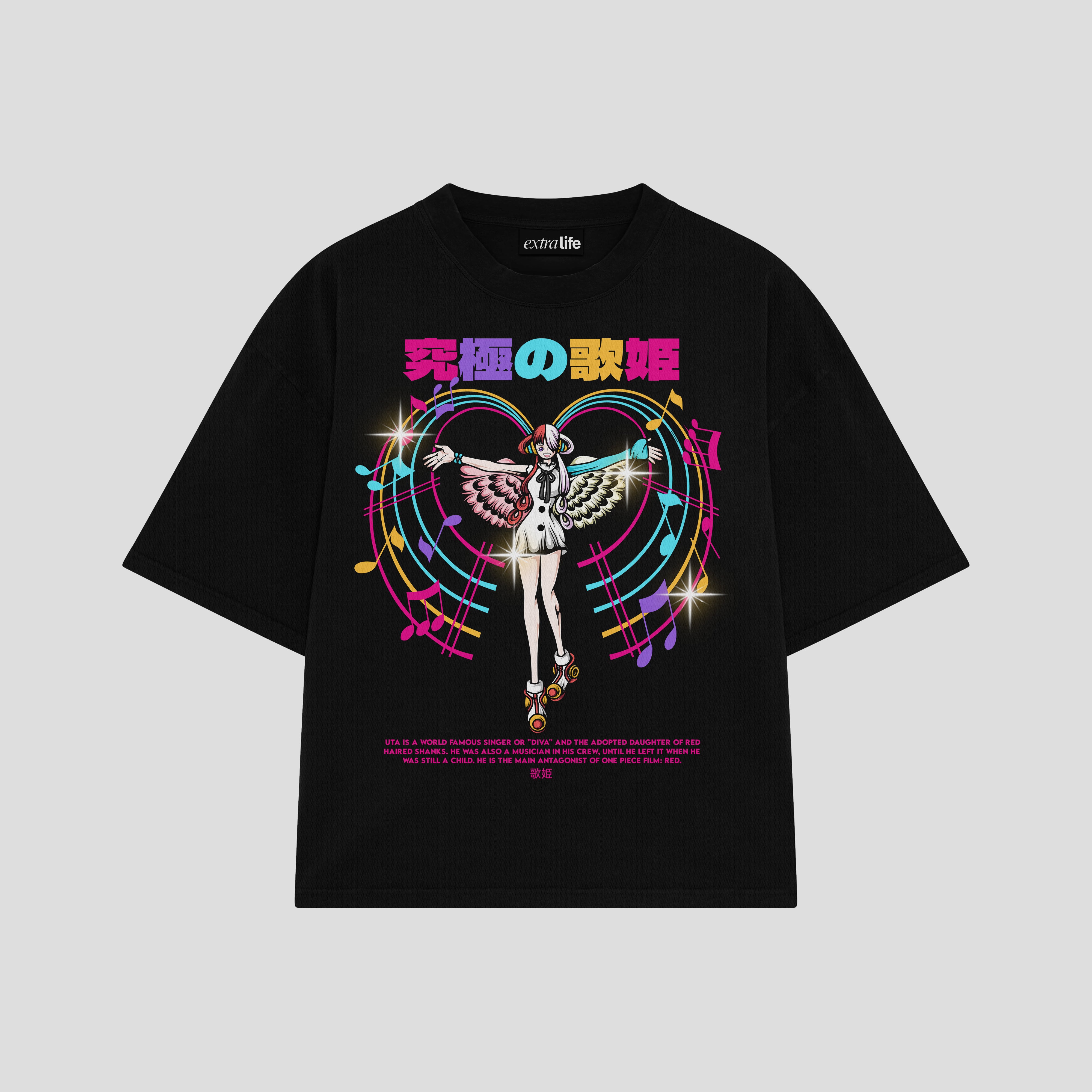 Playera streetwear premium de anime y gaming ExtraLife MX, corte boxy oversized drop shoulder heavyweight en color Deep Black y Off-White, moda urbana mexicana de culto.
