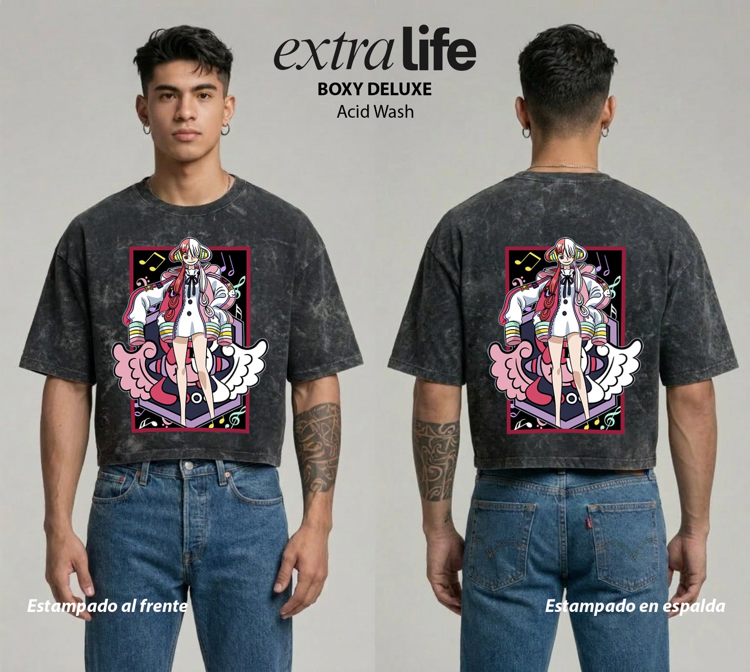 Playera streetwear premium de anime y gaming ExtraLife MX, corte boxy deluxe mineral wash heavyweight en color Acid Wash, moda urbana mexicana de culto.