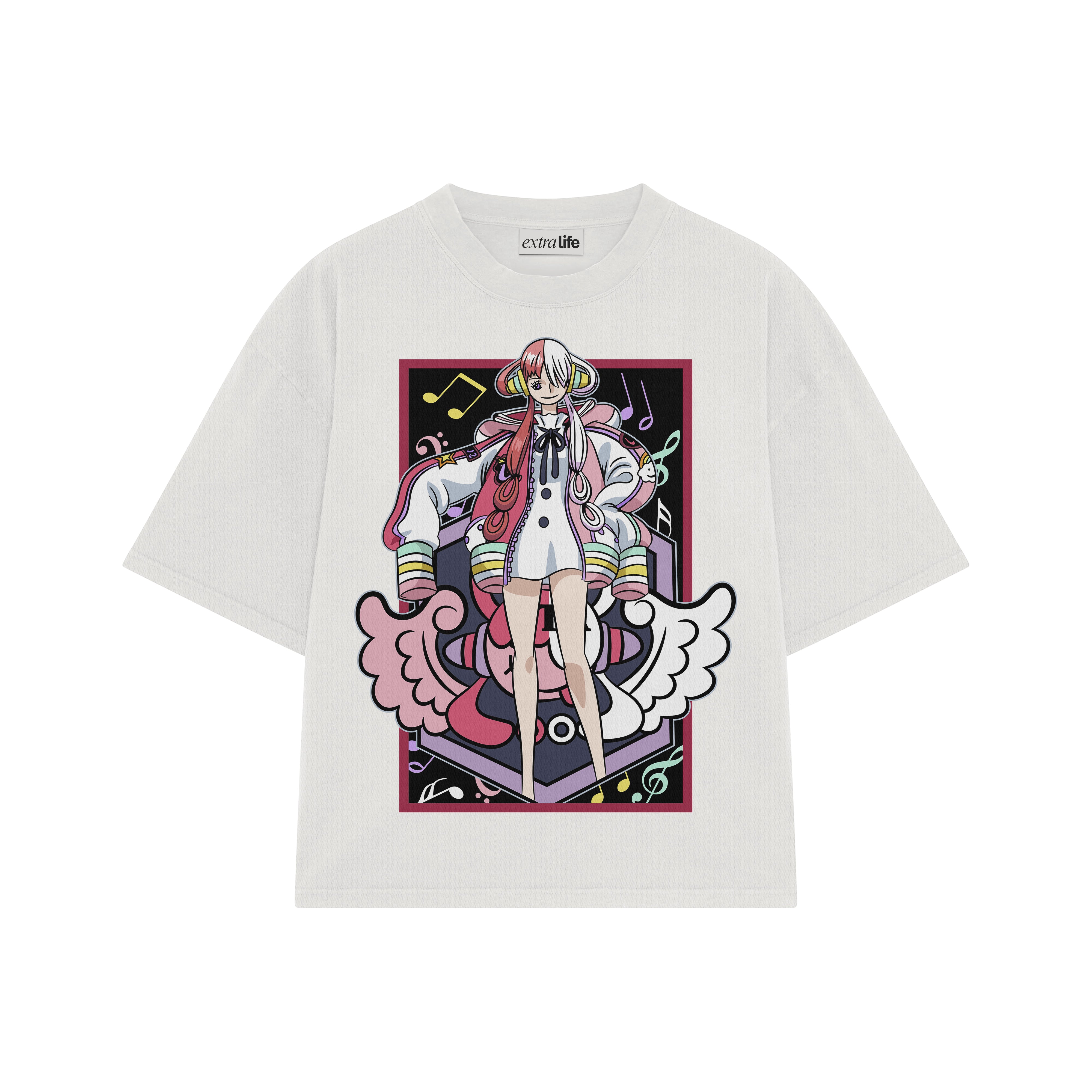 Playera streetwear premium de anime y gaming ExtraLife MX, corte boxy oversized drop shoulder heavyweight en color Deep Black y Off-White, moda urbana mexicana de culto.