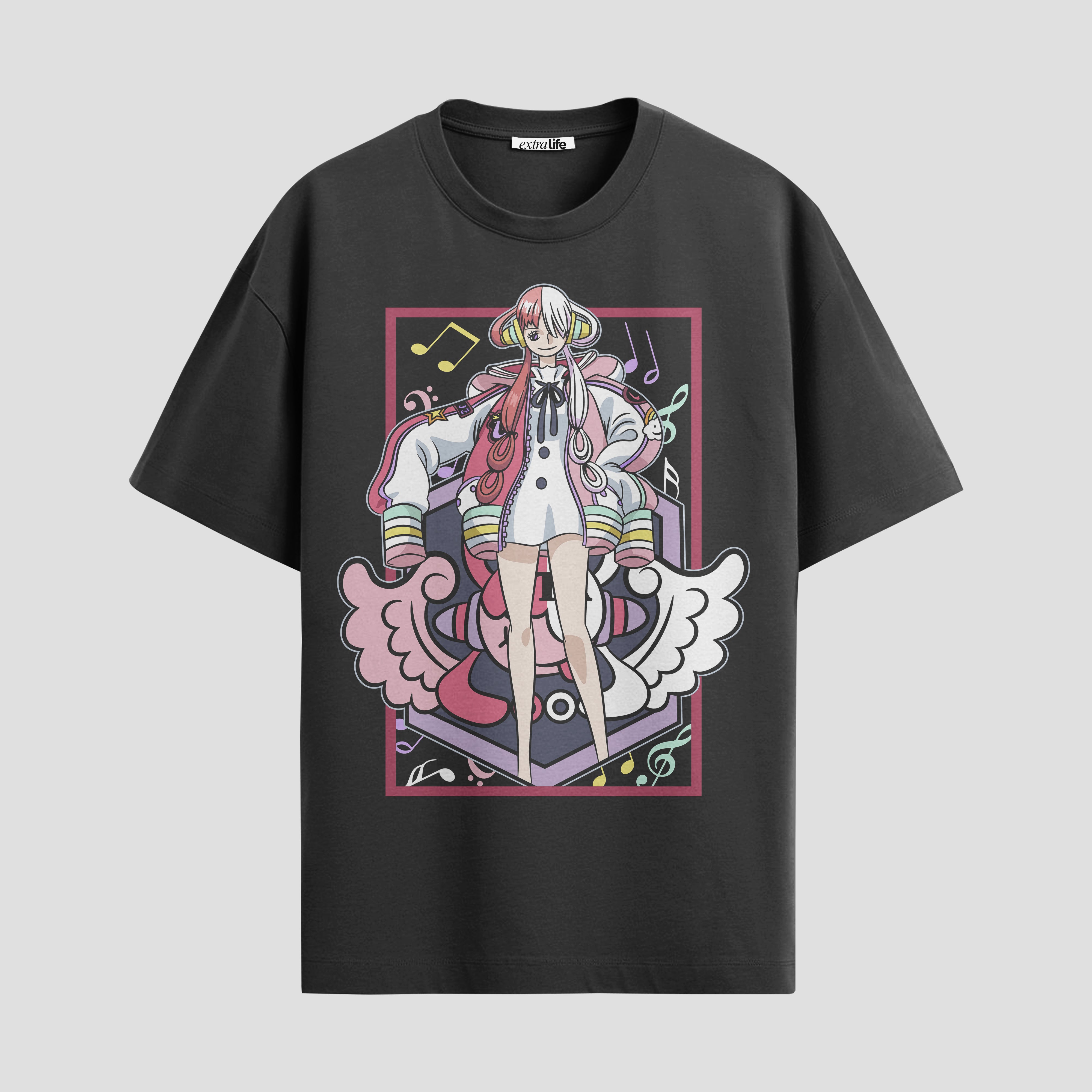 Playera urbana de anime y gaming ExtraLife MX, corte Standard Fit unisex ligero y transpirable en color Deep Black y Pure White, ropa de uso diario para gym y casual.