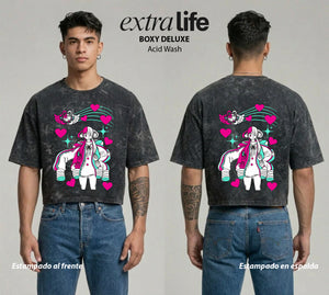 Playera streetwear premium de anime y gaming ExtraLife MX, corte boxy deluxe mineral wash heavyweight en color Acid Wash, moda urbana mexicana de culto.