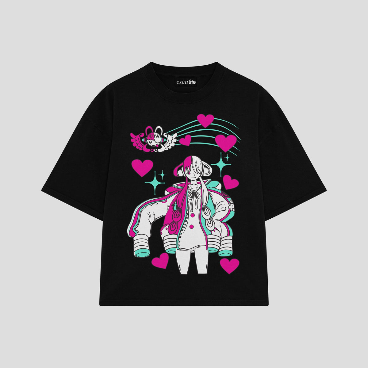 Playera streetwear premium de anime y gaming ExtraLife MX, corte oversized drop shoulder ligero y fresco en color Deep Black y Off-White, moda urbana mexicana de culto.