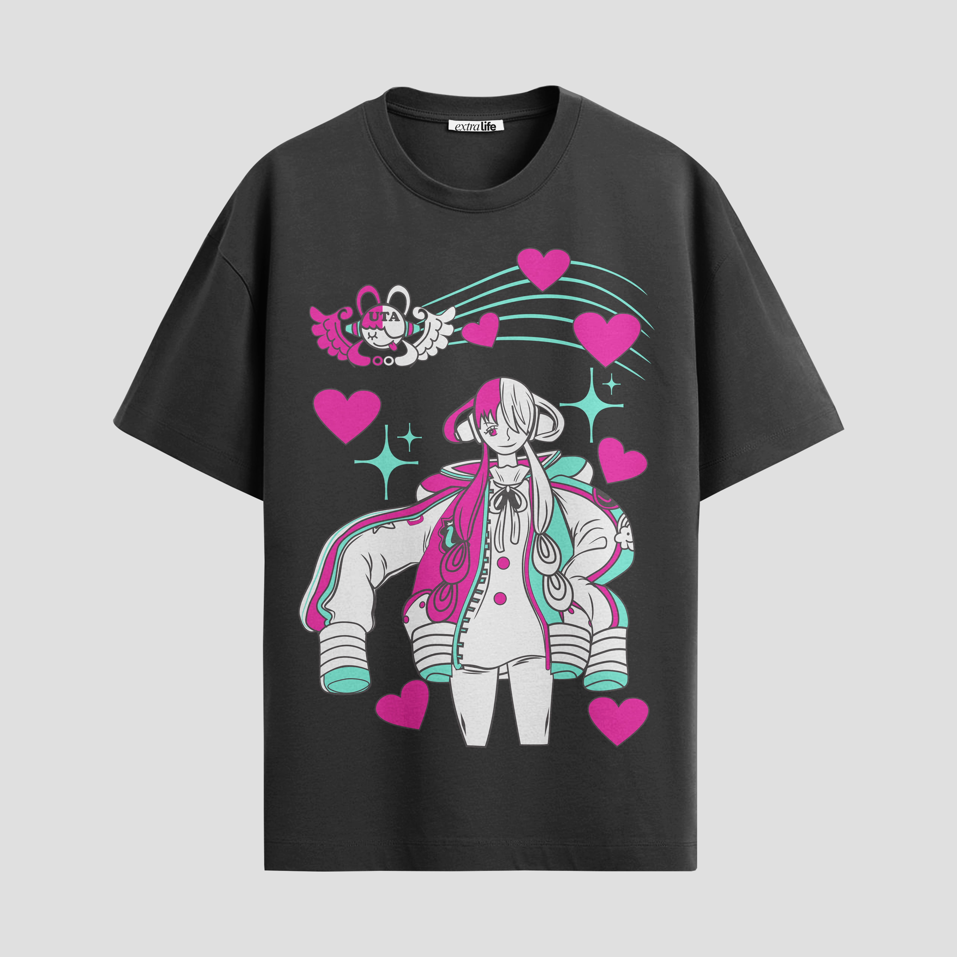 Playera urbana de anime y gaming ExtraLife MX, corte Standard Fit unisex ligero y transpirable en color Deep Black y Pure White, ropa de uso diario para gym y casual.