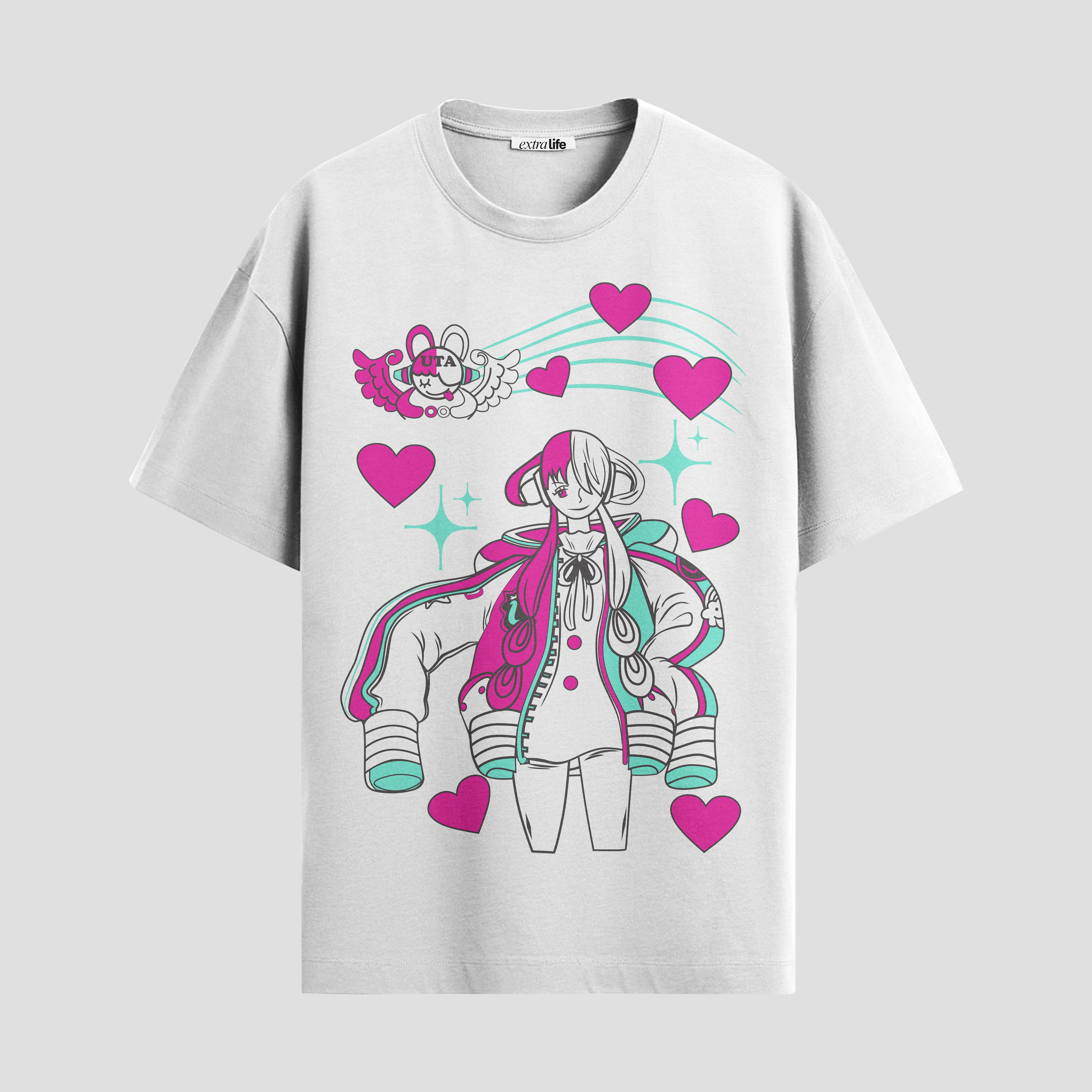 Playera urbana de anime y gaming ExtraLife MX, corte Standard Fit unisex ligero y transpirable en color Deep Black y Pure White, ropa de uso diario para gym y casual.