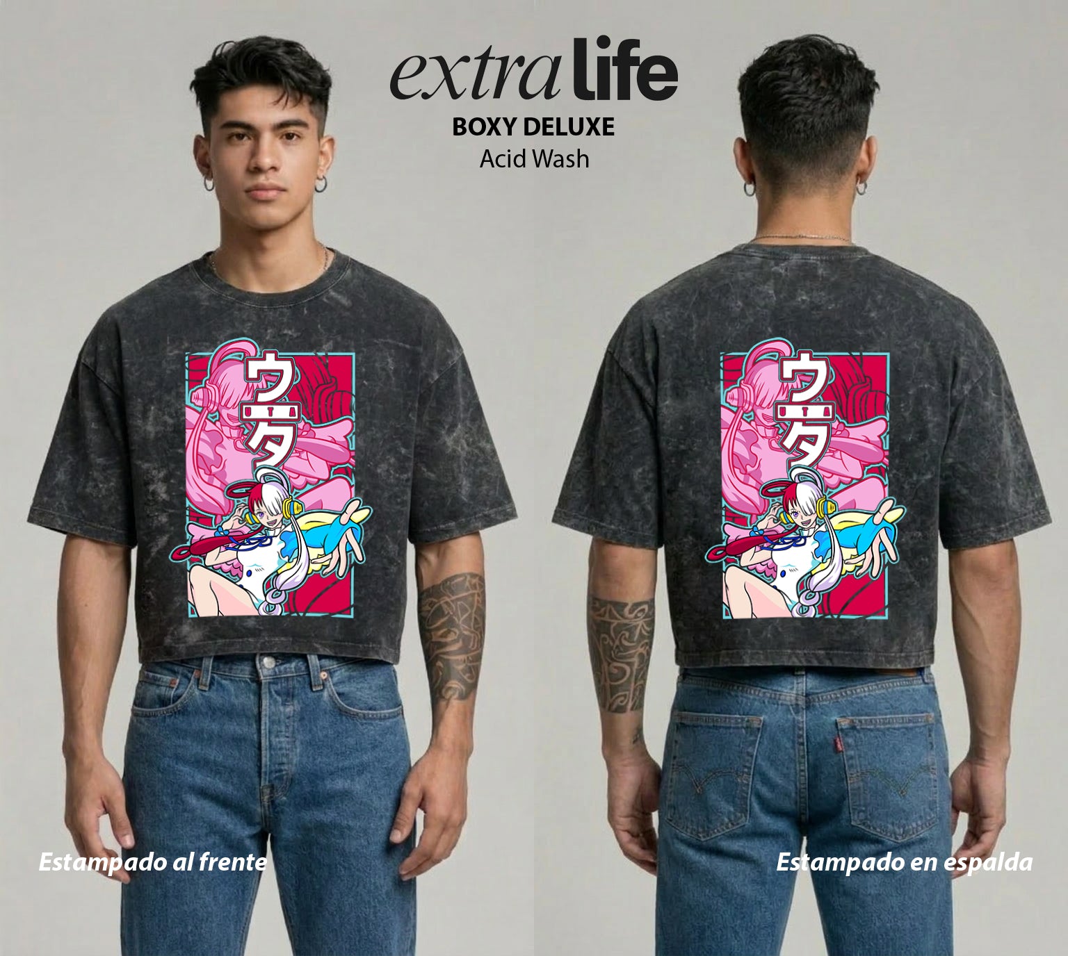Playera streetwear premium de anime y gaming ExtraLife MX, corte boxy deluxe mineral wash heavyweight en color Acid Wash, moda urbana mexicana de culto.