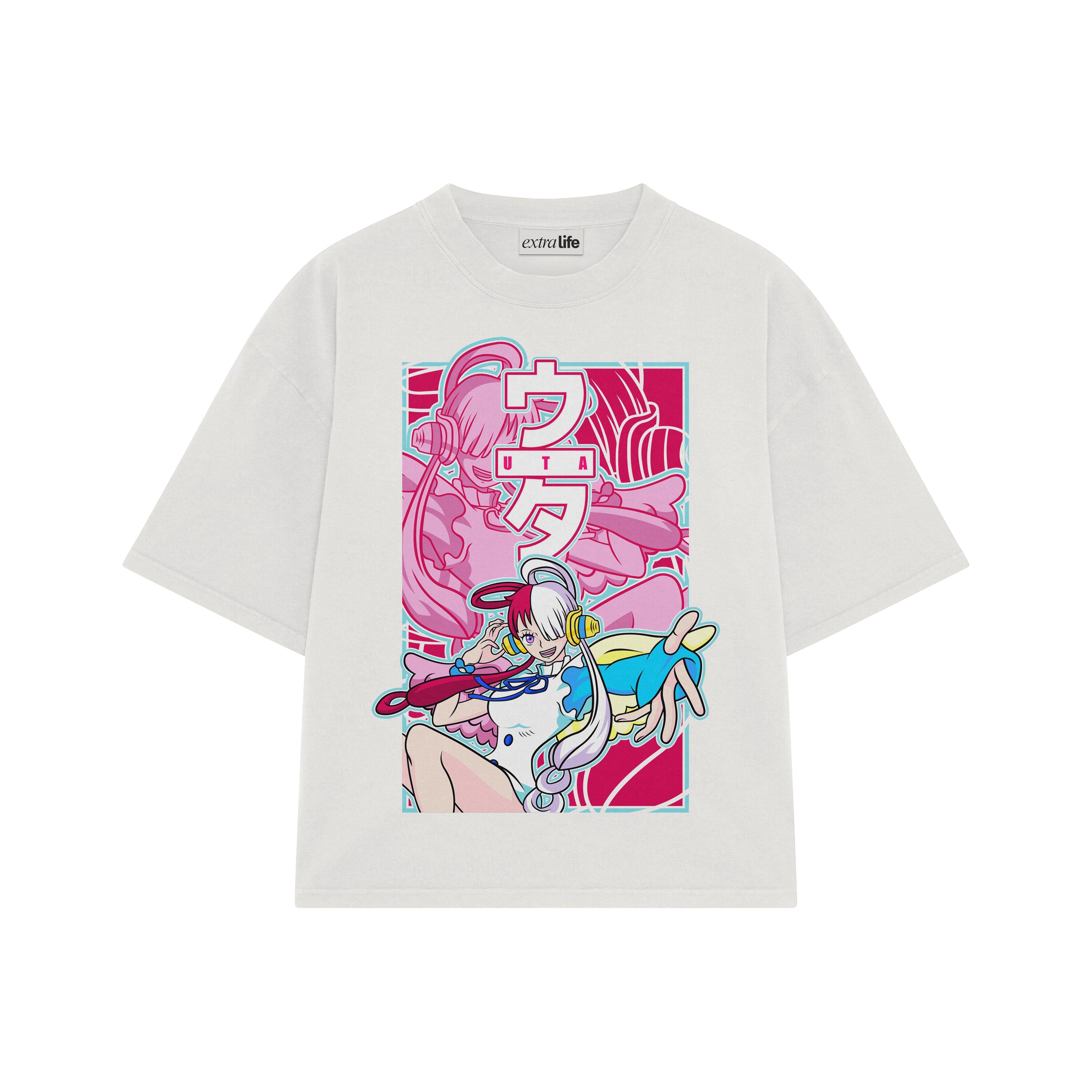 Playera streetwear premium de anime y gaming ExtraLife MX, corte boxy oversized drop shoulder heavyweight en color Deep Black y Off-White, moda urbana mexicana de culto.