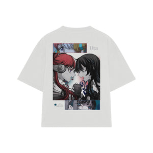 Playera streetwear premium de anime y gaming ExtraLife MX, corte boxy oversized drop shoulder heavyweight en color Deep Black y Off-White, moda urbana mexicana de culto.
