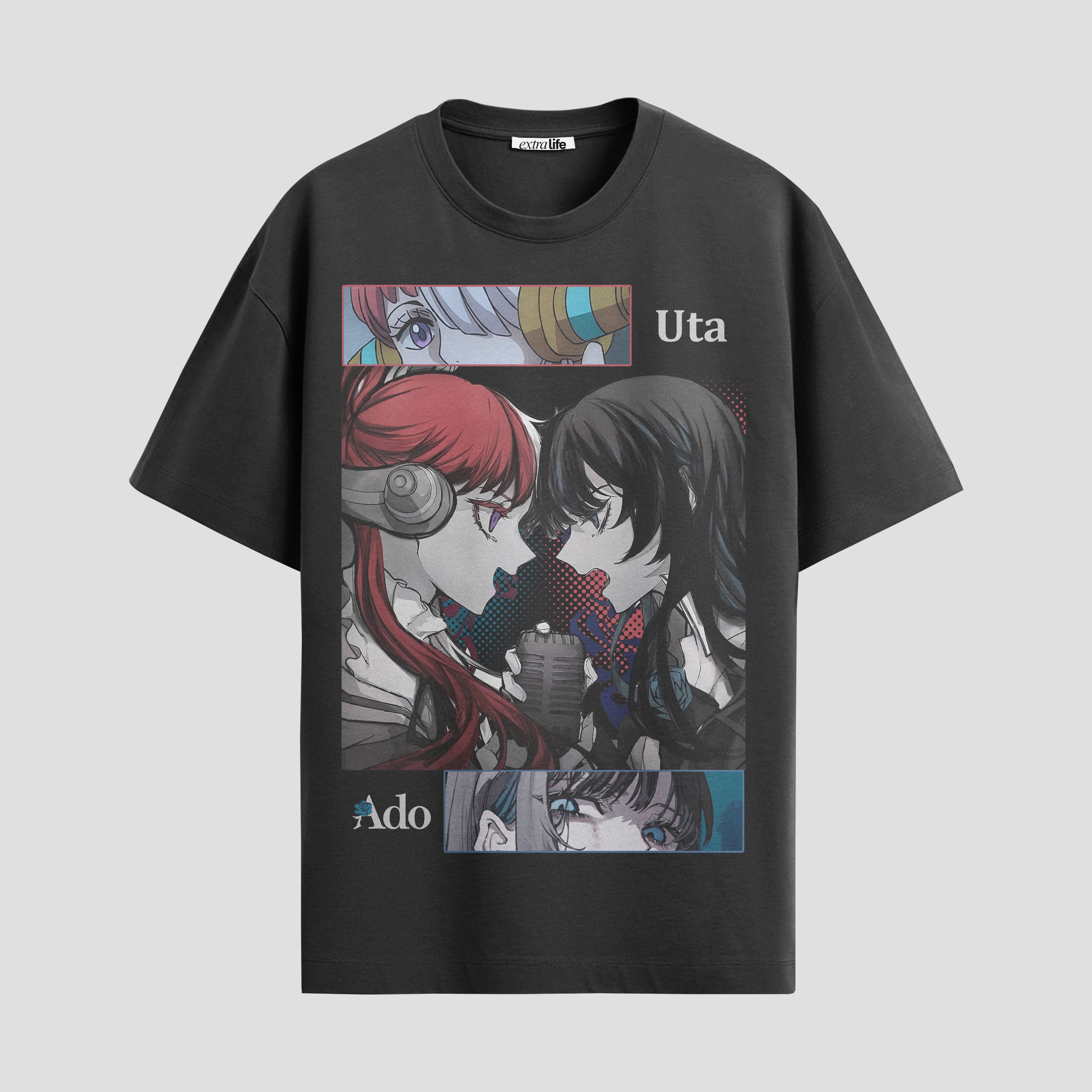Playera urbana de anime y gaming ExtraLife MX, corte Standard Fit unisex ligero y transpirable en color Deep Black y Pure White, ropa de uso diario para gym y casual.