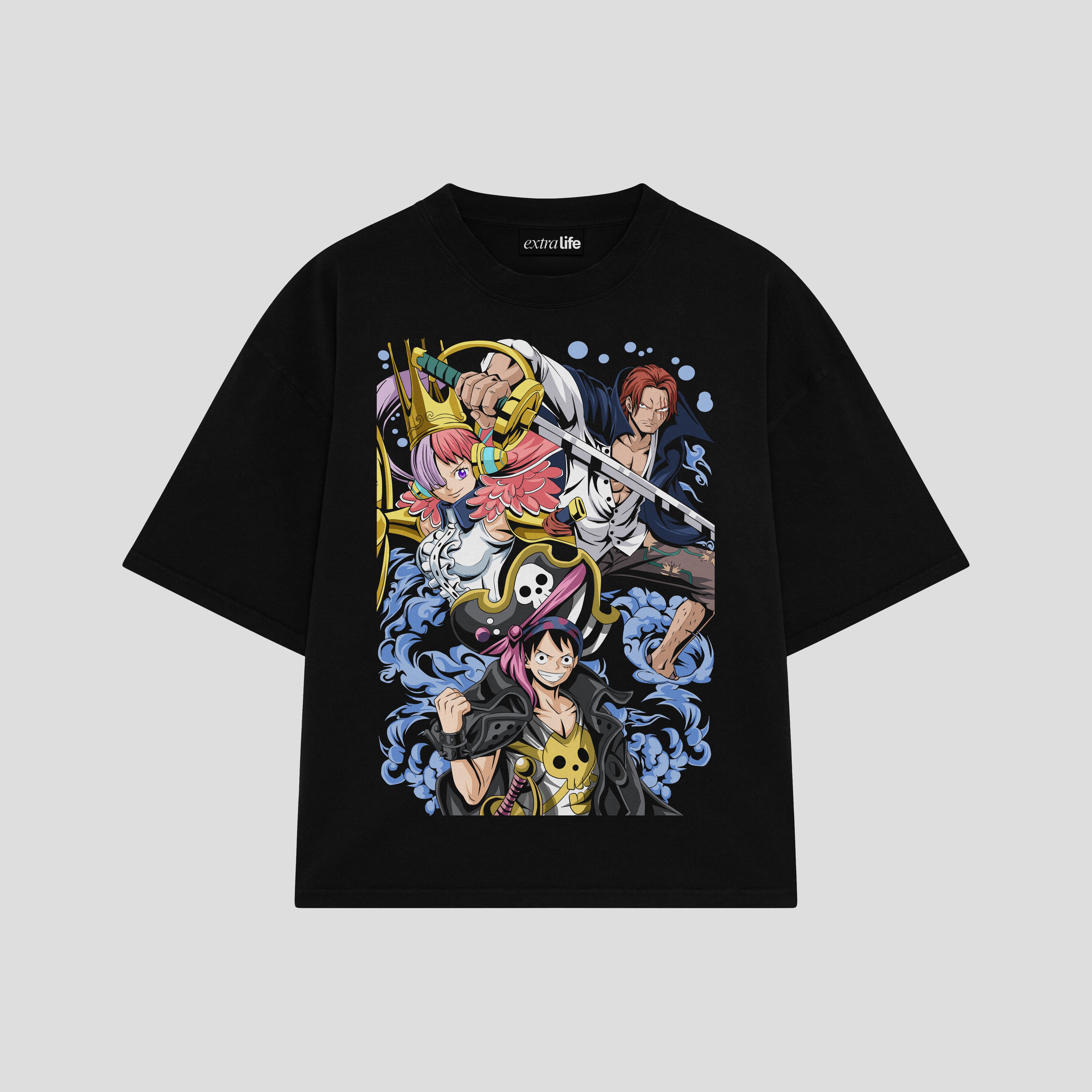 Playera streetwear premium de anime y gaming ExtraLife MX, corte boxy oversized drop shoulder heavyweight en color Deep Black y Off-White, moda urbana mexicana de culto.