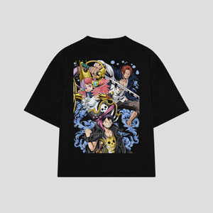 Playera streetwear premium de anime y gaming ExtraLife MX, corte boxy oversized drop shoulder heavyweight en color Deep Black y Off-White, moda urbana mexicana de culto.
