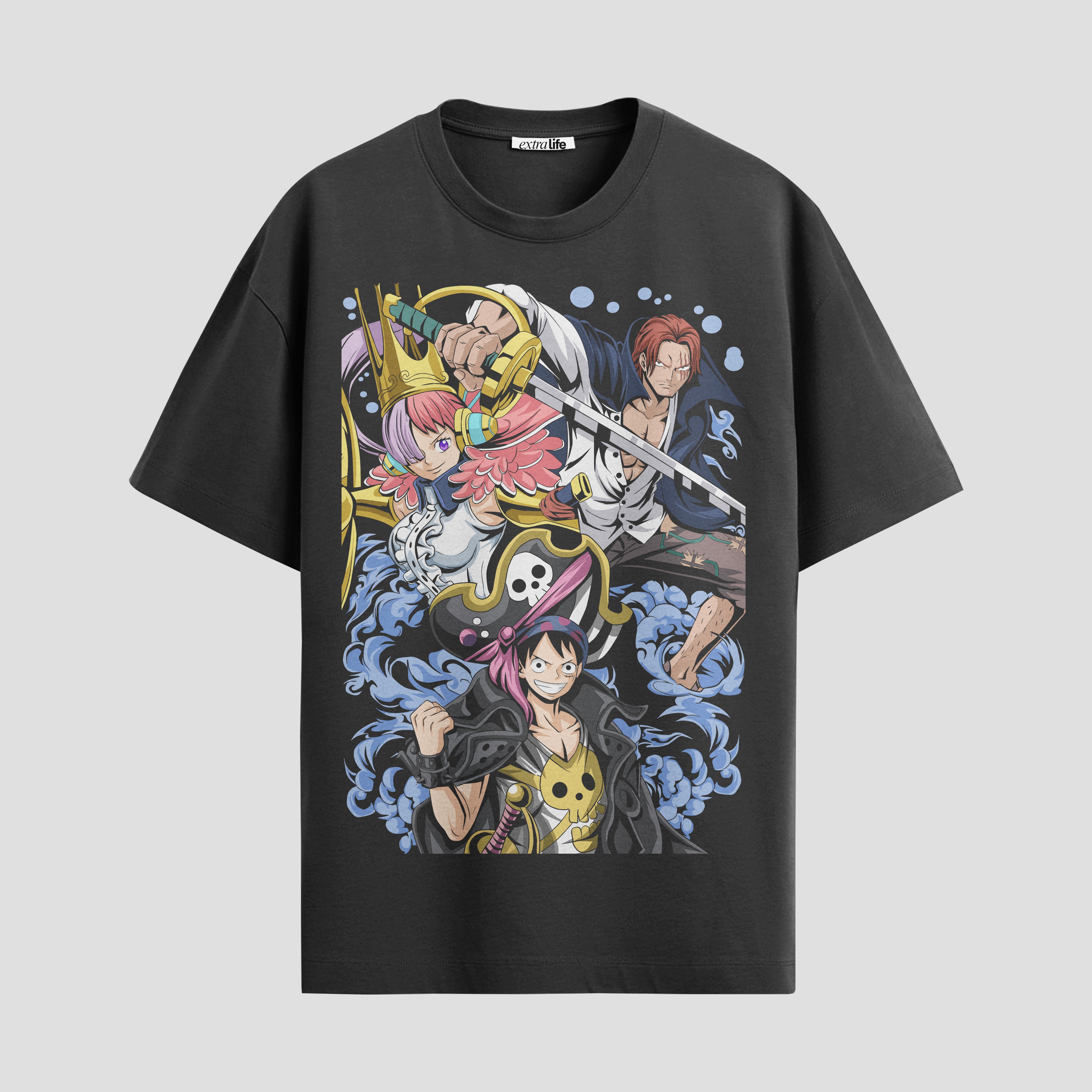 Playera urbana de anime y gaming ExtraLife MX, corte Standard Fit unisex ligero y transpirable en color Deep Black y Pure White, ropa de uso diario para gym y casual.