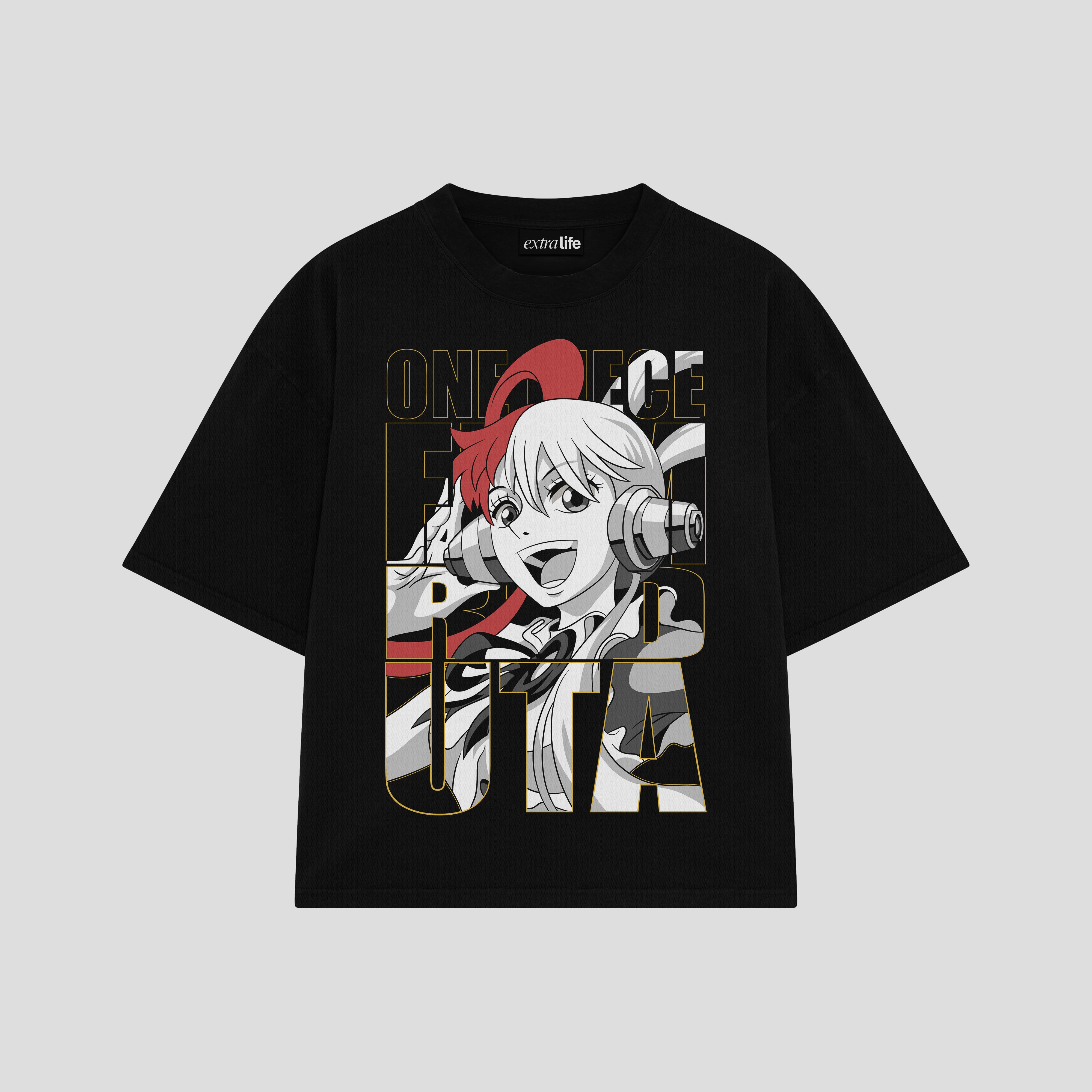 Playera streetwear premium de anime y gaming ExtraLife MX, corte boxy oversized drop shoulder heavyweight en color Deep Black y Off-White, moda urbana mexicana de culto.