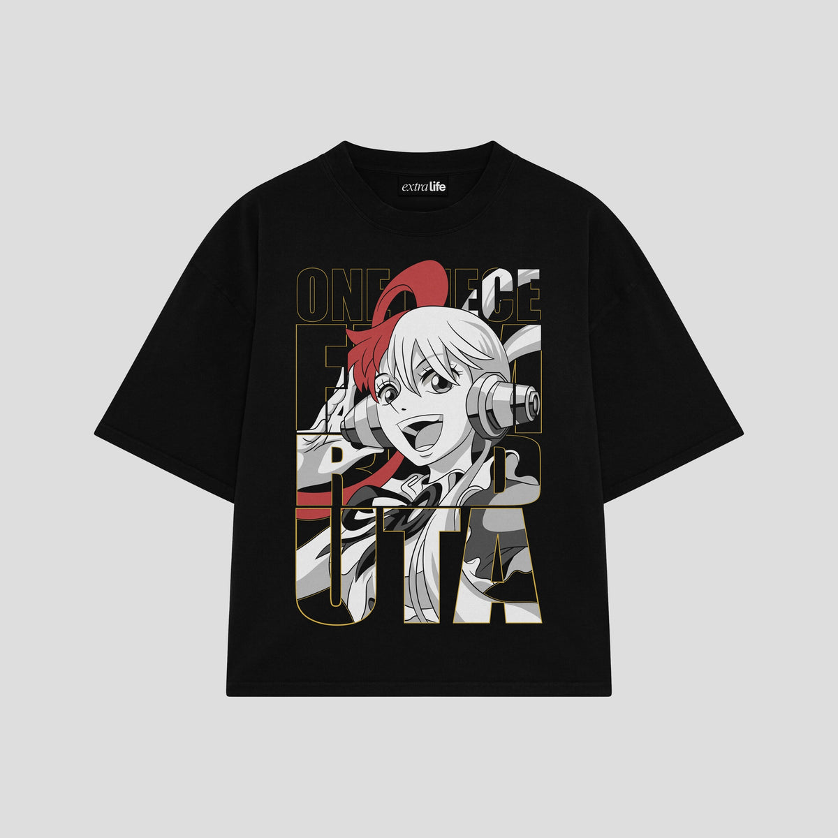Playera streetwear premium de anime y gaming ExtraLife MX, corte oversized drop shoulder ligero y fresco en color Deep Black y Off-White, moda urbana mexicana de culto.