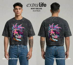 Playera streetwear premium de anime y gaming ExtraLife MX, corte boxy deluxe mineral wash heavyweight en color Acid Wash, moda urbana mexicana de culto.