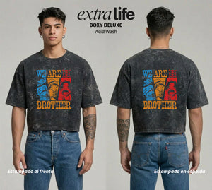 Playera streetwear premium de anime y gaming ExtraLife MX, corte boxy deluxe mineral wash heavyweight en color Acid Wash, moda urbana mexicana de culto.