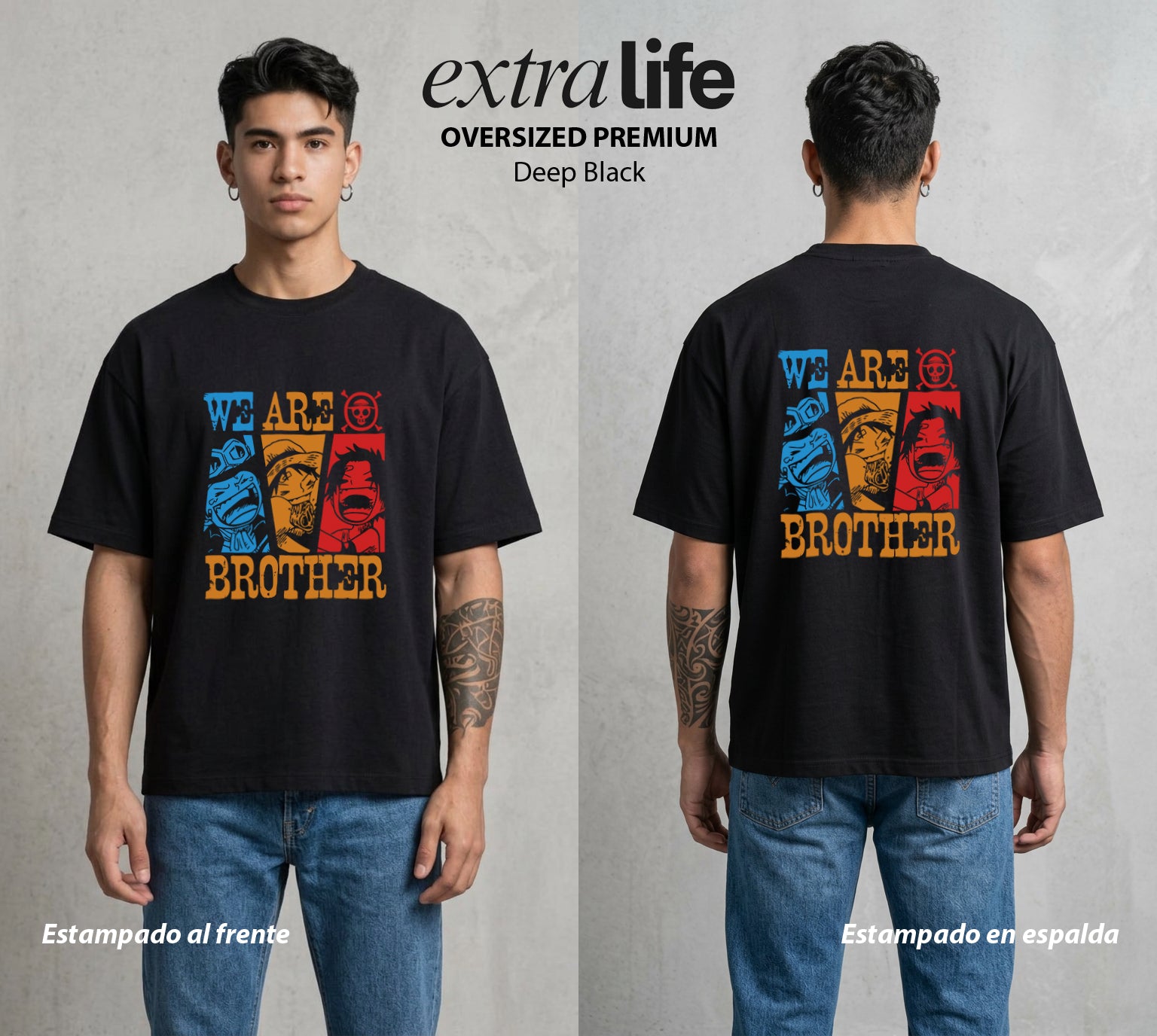 Mar de los Piratas | Somos Hermanos #03369 - Playera Oversized Premium | Deep Black - Foto en modelo