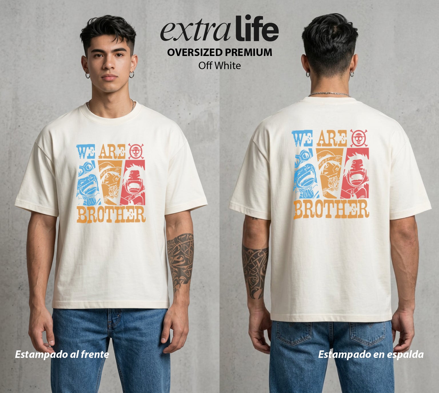 Mar de los Piratas | Somos Hermanos #03369 - Playera Oversized Premium | Off White - Foto en modelo