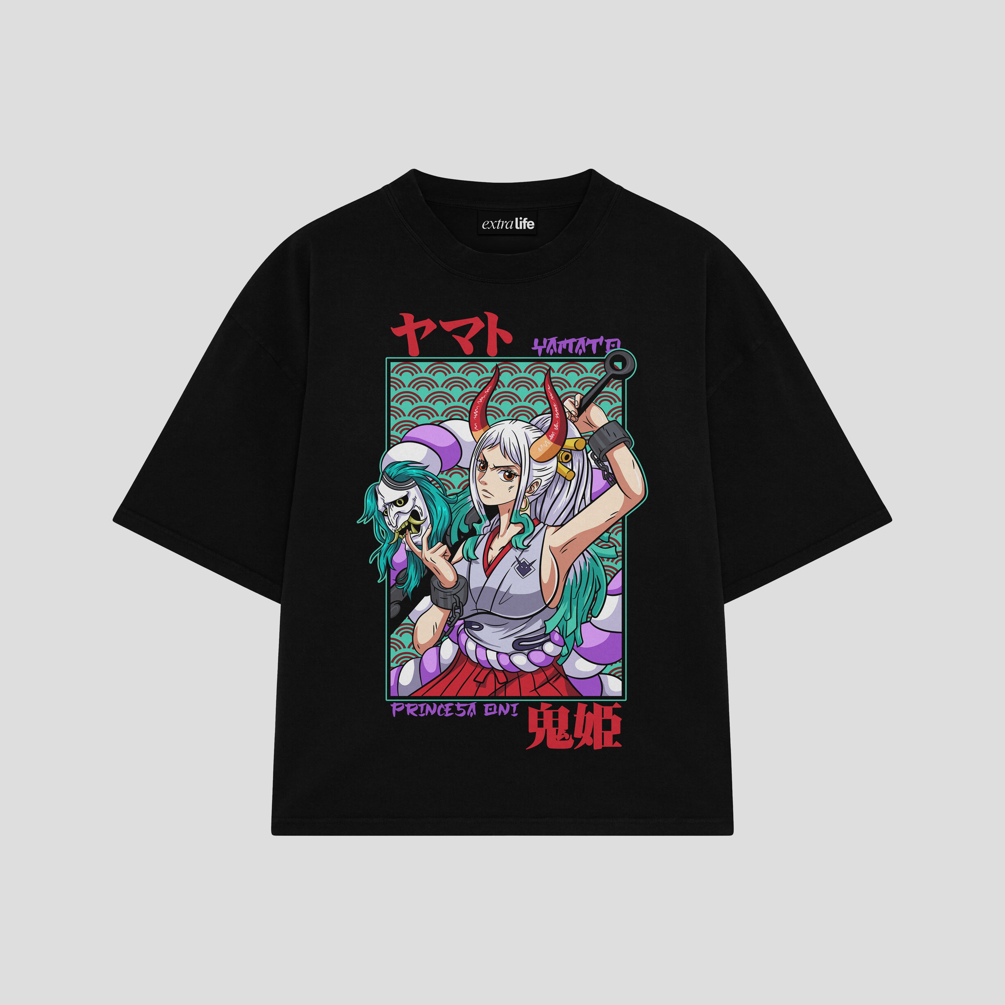 Playera streetwear premium de anime y gaming ExtraLife MX, corte boxy oversized drop shoulder heavyweight en color Deep Black y Off-White, moda urbana mexicana de culto.