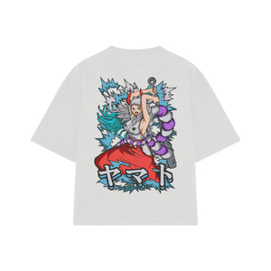 Playera streetwear premium de anime y gaming ExtraLife MX, corte boxy oversized drop shoulder heavyweight en color Deep Black y Off-White, moda urbana mexicana de culto.