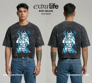 Playera streetwear premium de anime y gaming ExtraLife MX, corte boxy deluxe mineral wash heavyweight en color Acid Wash, moda urbana mexicana de culto.