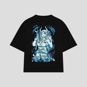 Playera streetwear premium de anime y gaming ExtraLife MX, corte boxy oversized drop shoulder heavyweight en color Deep Black y Off-White, moda urbana mexicana de culto.