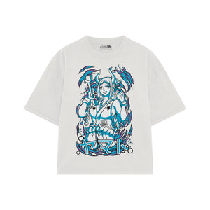 Playera streetwear premium de anime y gaming ExtraLife MX, corte boxy oversized drop shoulder heavyweight en color Deep Black y Off-White, moda urbana mexicana de culto.