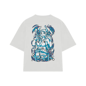 Playera streetwear premium de anime y gaming ExtraLife MX, corte boxy oversized drop shoulder heavyweight en color Deep Black y Off-White, moda urbana mexicana de culto.