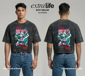 Playera streetwear premium de anime y gaming ExtraLife MX, corte boxy deluxe mineral wash heavyweight en color Acid Wash, moda urbana mexicana de culto.