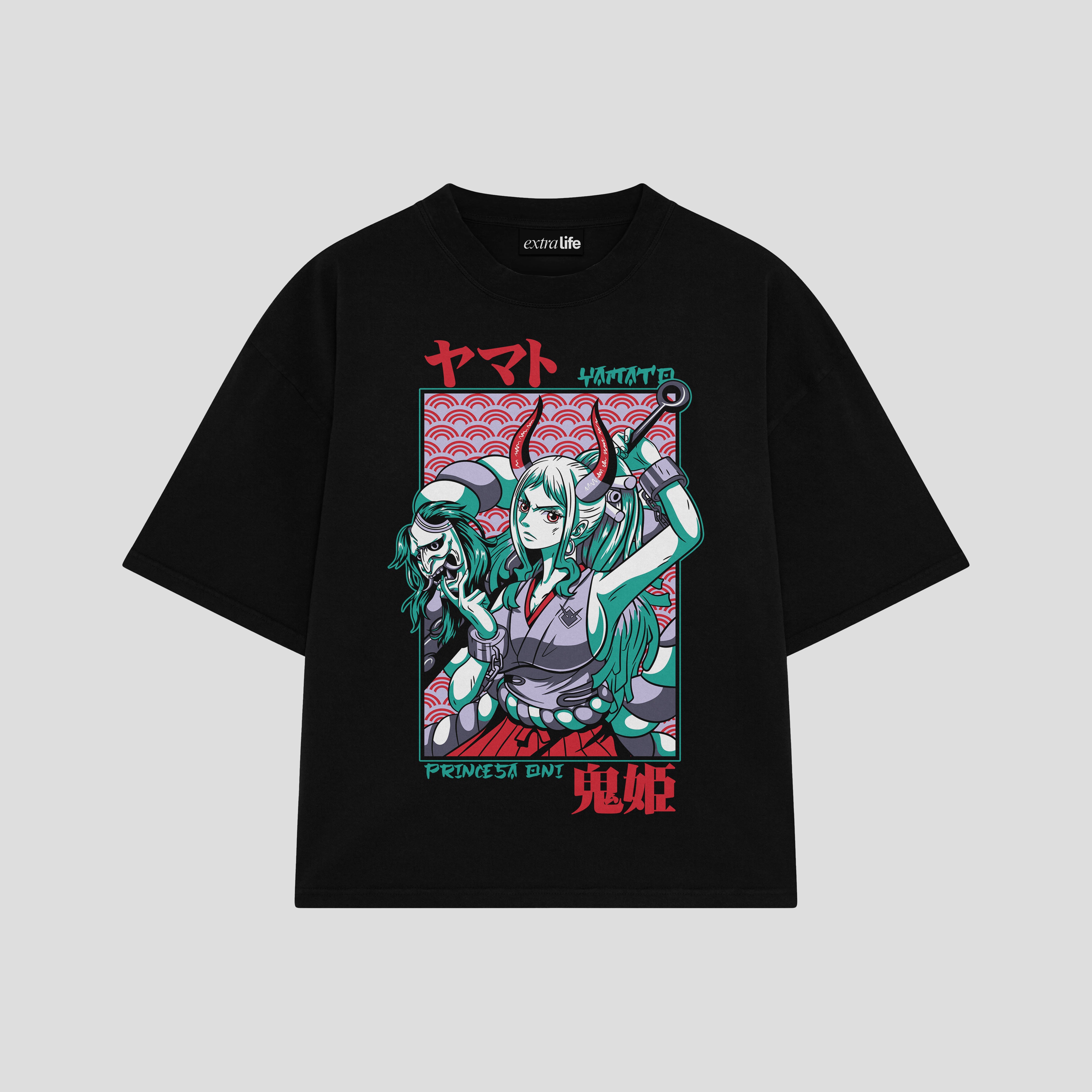 Playera streetwear premium de anime y gaming ExtraLife MX, corte boxy oversized drop shoulder heavyweight en color Deep Black y Off-White, moda urbana mexicana de culto.