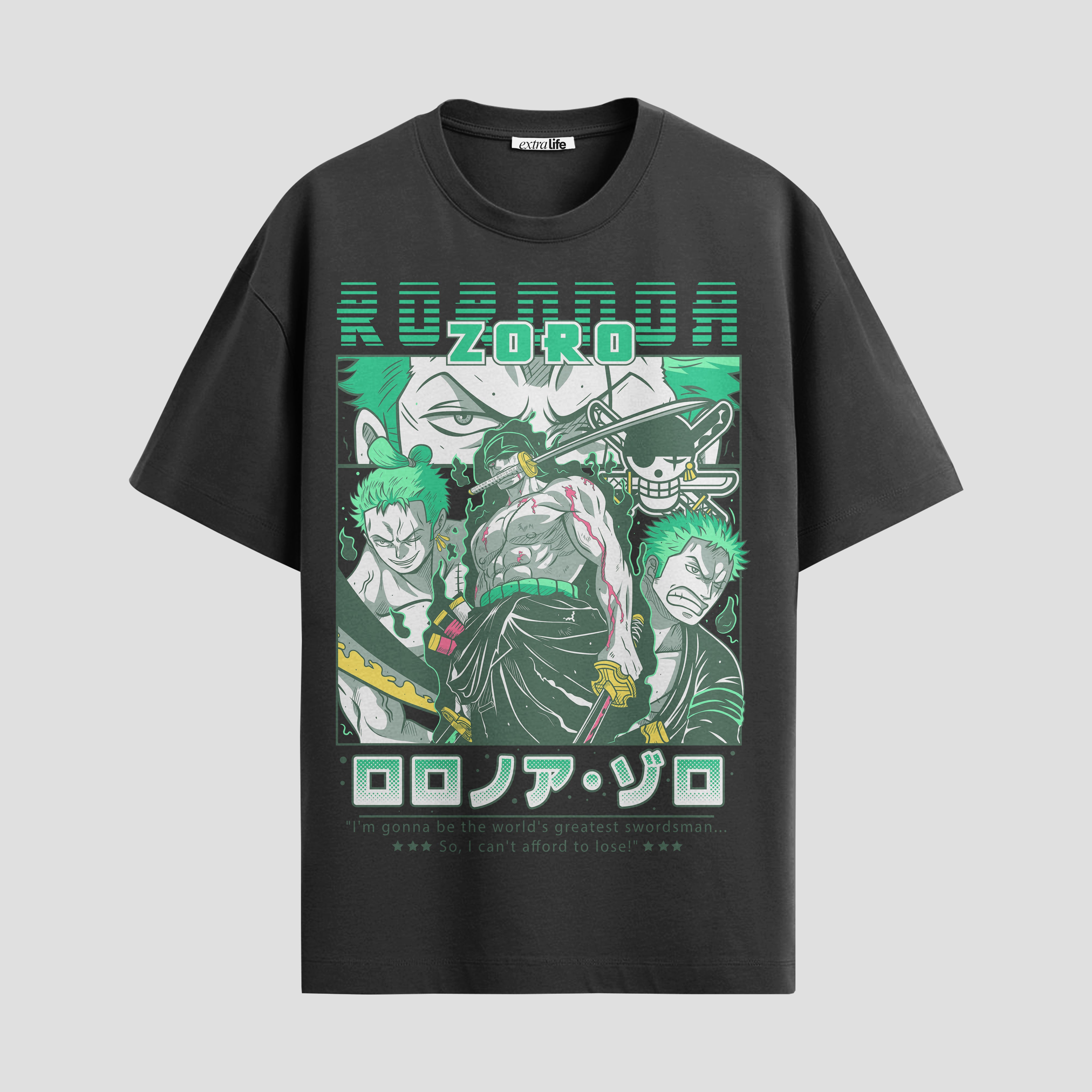 Playera urbana de anime y gaming ExtraLife MX, corte Standard Fit unisex ligero y transpirable en color Deep Black y Pure White, ropa de uso diario para gym y casual.