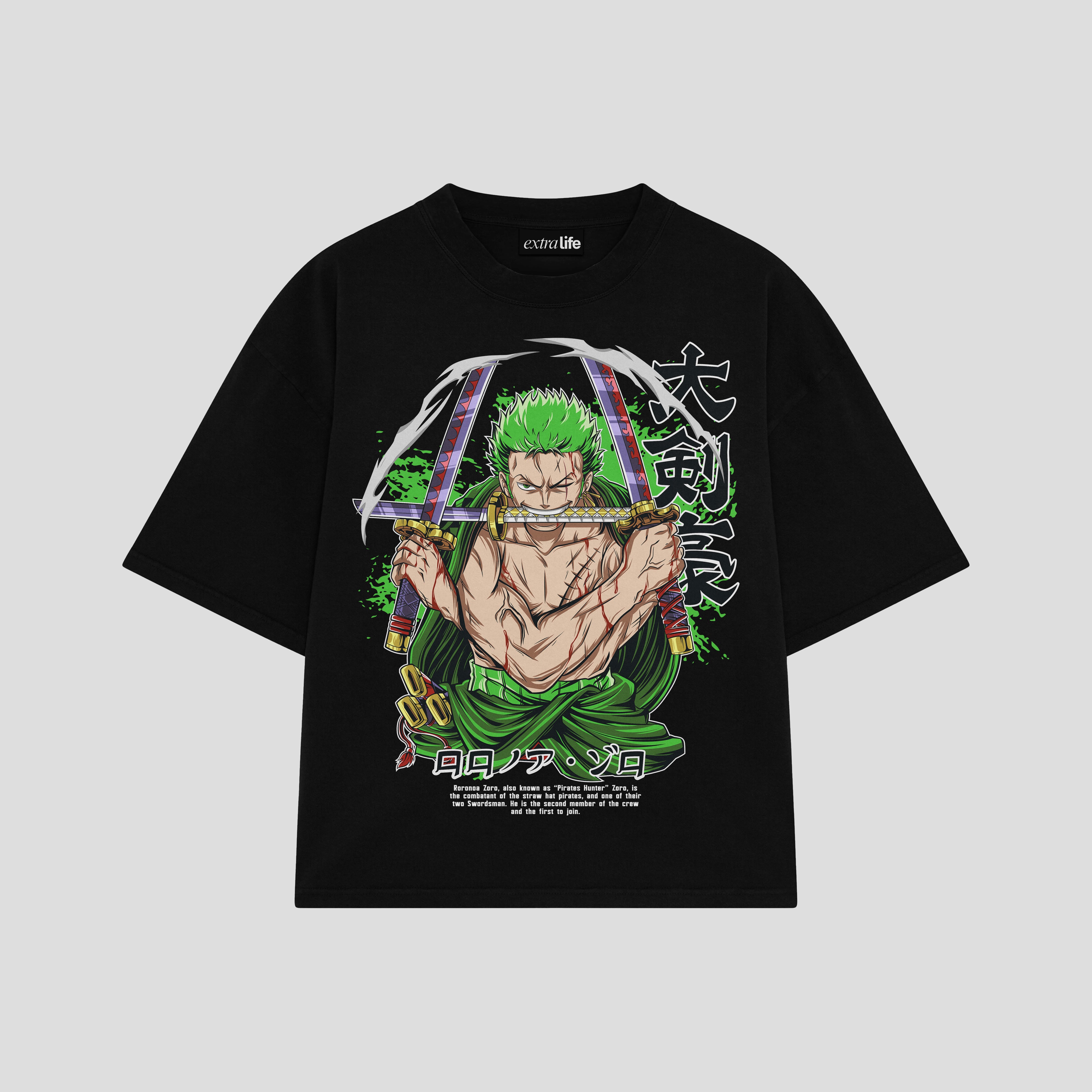 Playera streetwear premium de anime y gaming ExtraLife MX, corte boxy oversized drop shoulder heavyweight en color Deep Black y Off-White, moda urbana mexicana de culto.