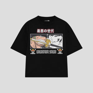 Playera streetwear premium de anime y gaming ExtraLife MX, corte boxy oversized drop shoulder heavyweight en color Deep Black y Off-White, moda urbana mexicana de culto.