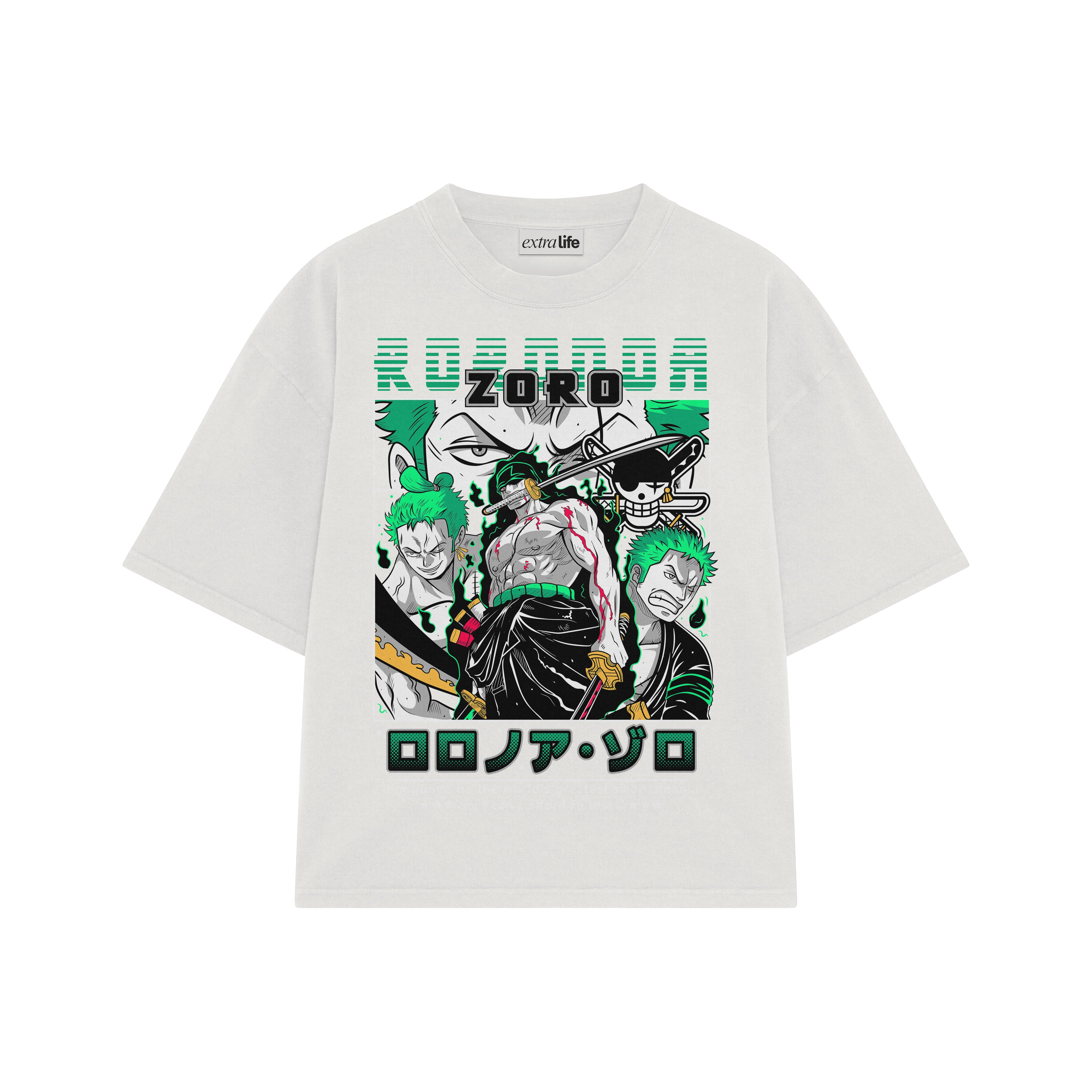 Playera streetwear premium de anime y gaming ExtraLife MX, corte boxy oversized drop shoulder heavyweight en color Deep Black y Off-White, moda urbana mexicana de culto.