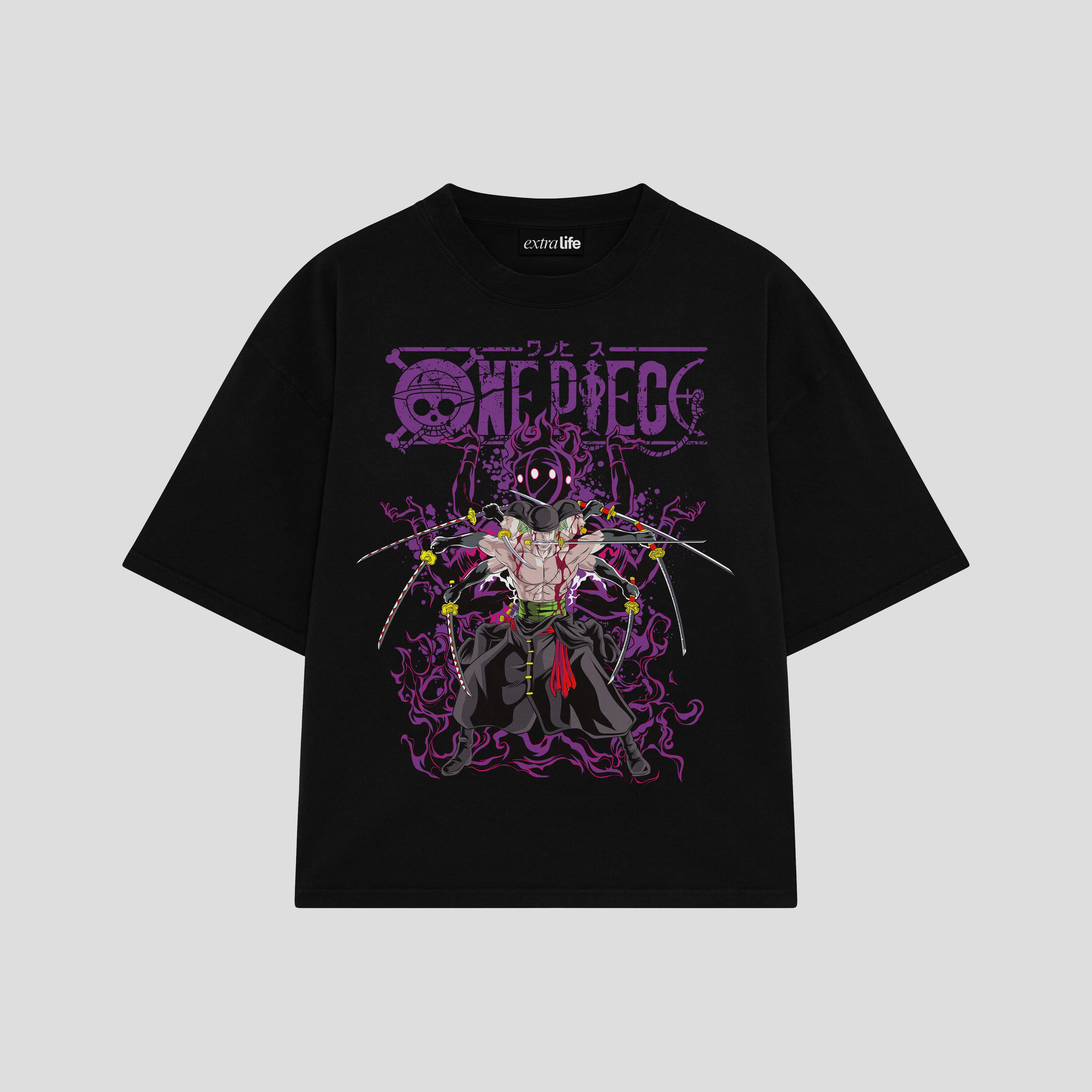 Playera streetwear premium de anime y gaming ExtraLife MX, corte boxy oversized drop shoulder heavyweight en color Deep Black y Off-White, moda urbana mexicana de culto.