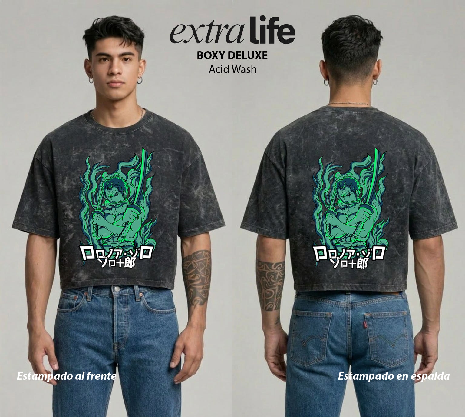 Playera streetwear premium de anime y gaming ExtraLife MX, corte boxy deluxe mineral wash heavyweight en color Acid Wash, moda urbana mexicana de culto.