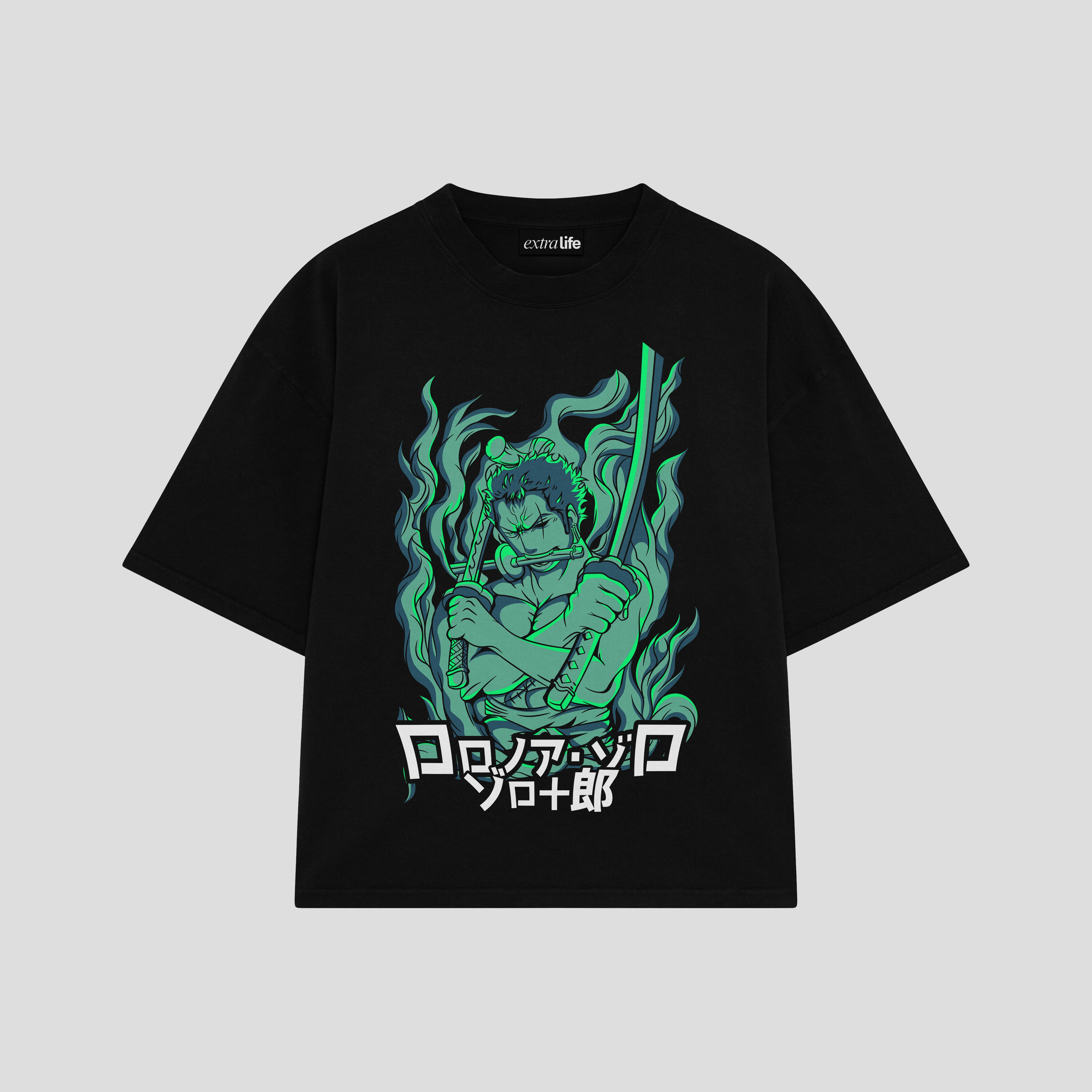 Playera streetwear premium de anime y gaming ExtraLife MX, corte boxy oversized drop shoulder heavyweight en color Deep Black y Off-White, moda urbana mexicana de culto.