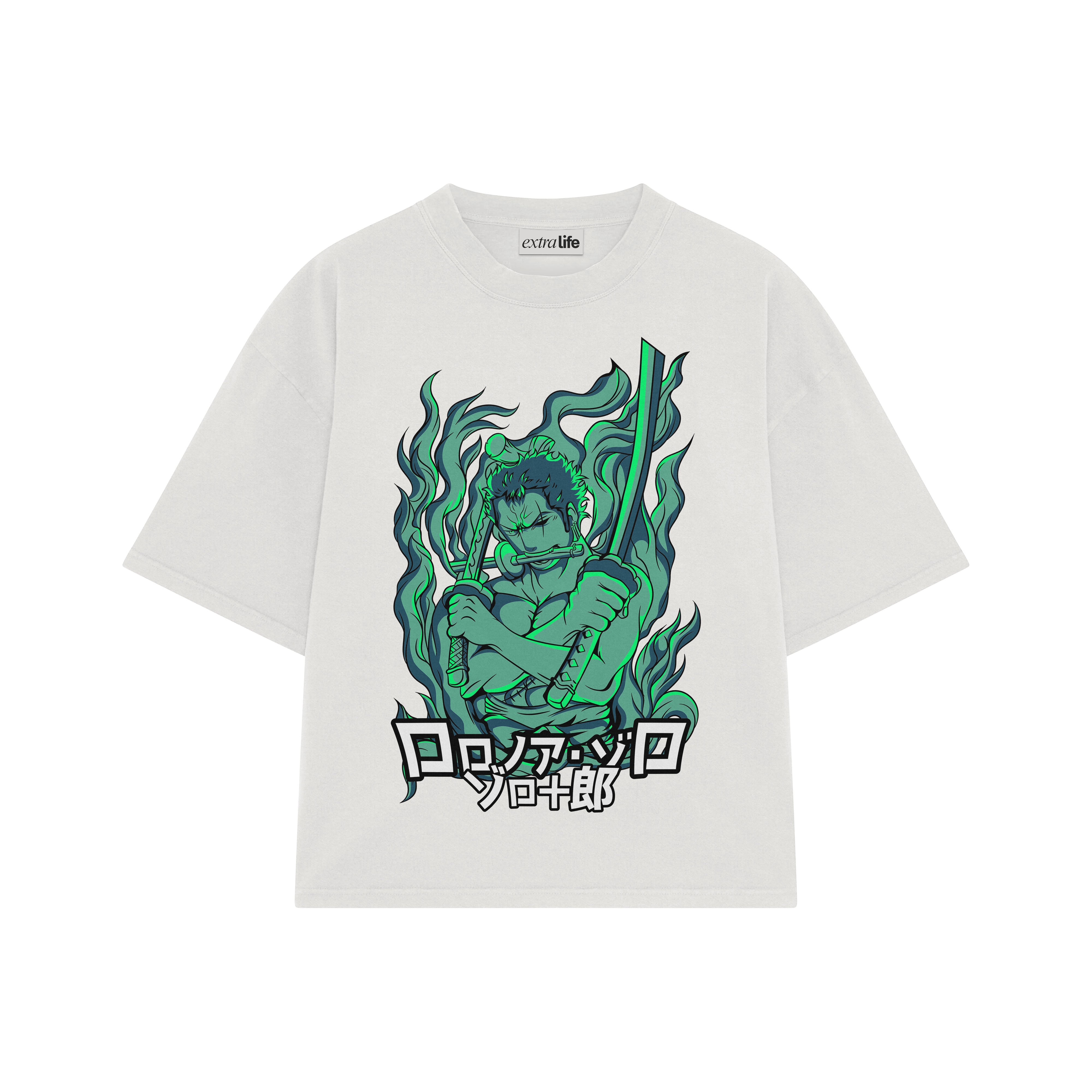Playera streetwear premium de anime y gaming ExtraLife MX, corte boxy oversized drop shoulder heavyweight en color Deep Black y Off-White, moda urbana mexicana de culto.
