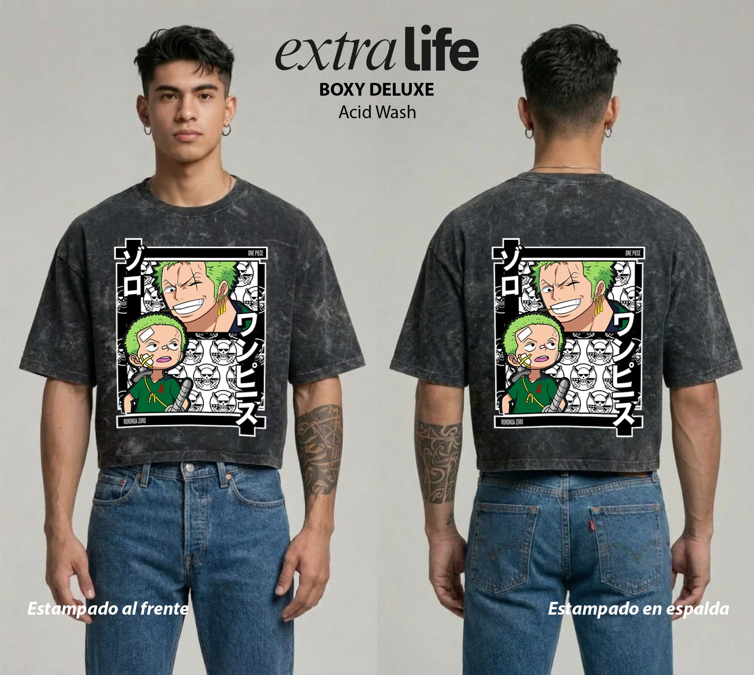 Playera streetwear premium de anime y gaming ExtraLife MX, corte boxy deluxe mineral wash heavyweight en color Acid Wash, moda urbana mexicana de culto.