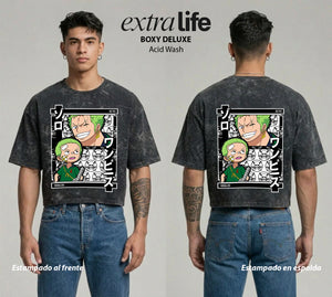 Playera streetwear premium de anime y gaming ExtraLife MX, corte boxy deluxe mineral wash heavyweight en color Acid Wash, moda urbana mexicana de culto.