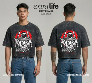 Playera streetwear premium de anime y gaming ExtraLife MX, corte boxy deluxe mineral wash heavyweight en color Acid Wash, moda urbana mexicana de culto.