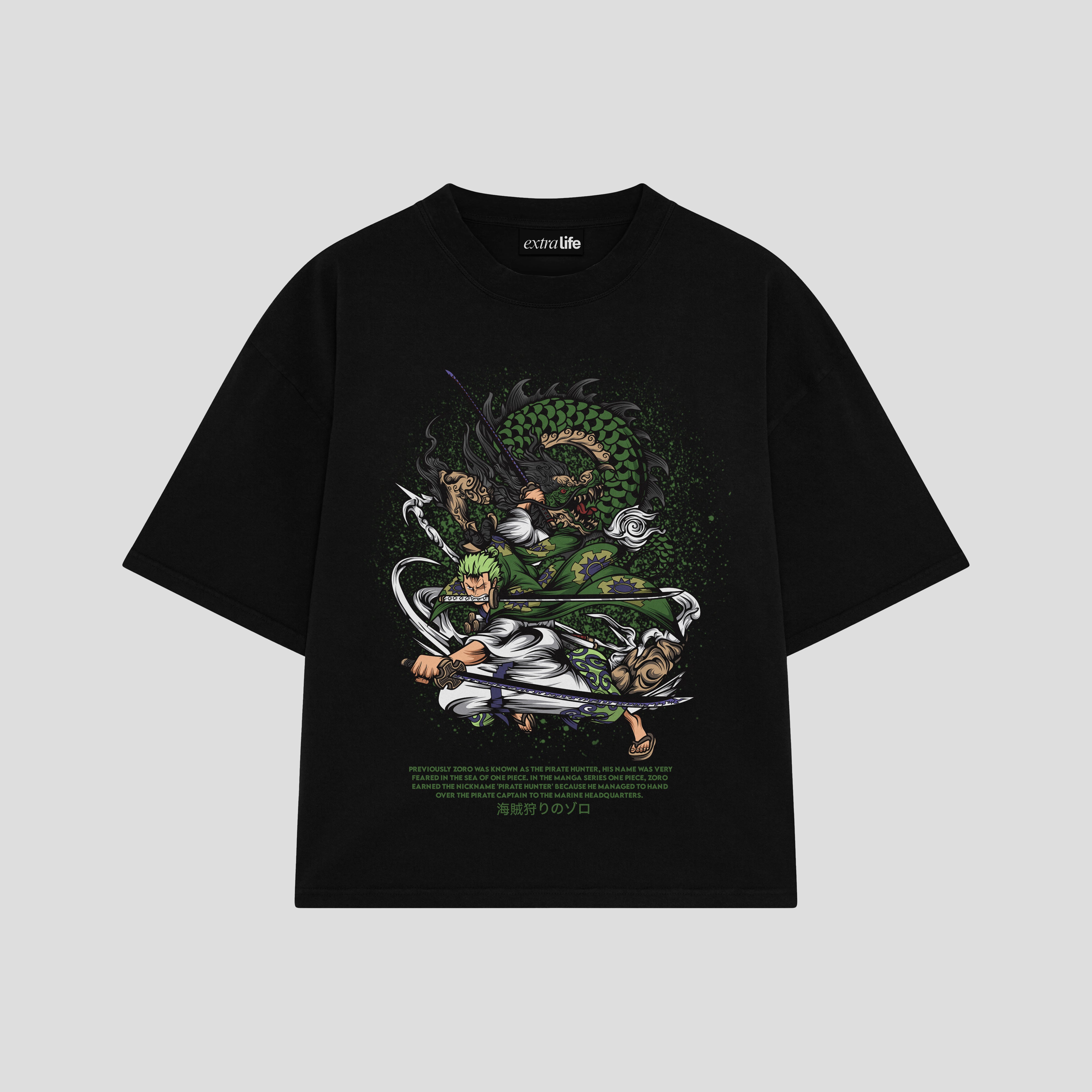 Playera streetwear premium de anime y gaming ExtraLife MX, corte boxy oversized drop shoulder heavyweight en color Deep Black y Off-White, moda urbana mexicana de culto.