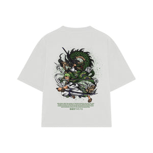 Playera streetwear premium de anime y gaming ExtraLife MX, corte boxy oversized drop shoulder heavyweight en color Deep Black y Off-White, moda urbana mexicana de culto.