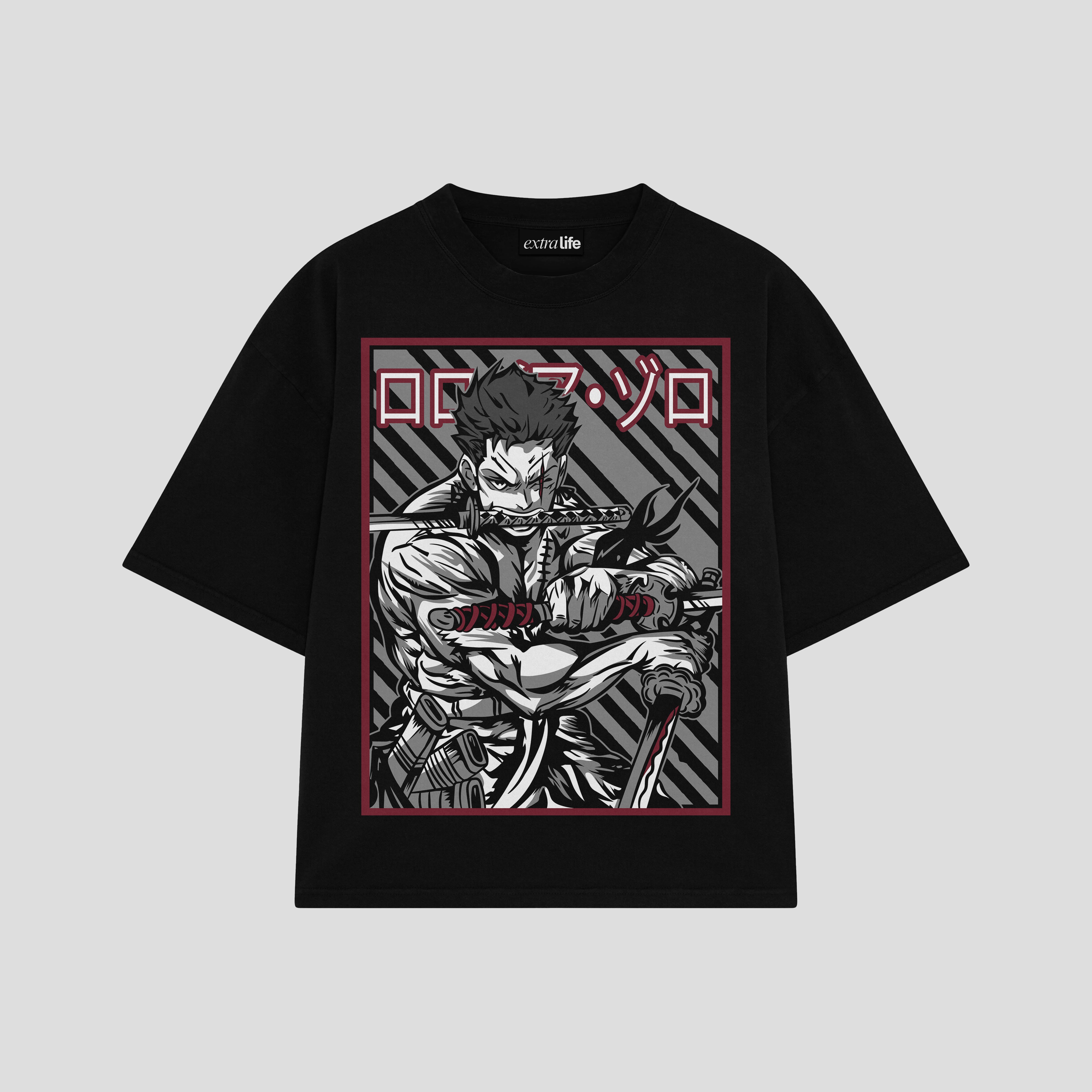 Playera streetwear premium de anime y gaming ExtraLife MX, corte boxy oversized drop shoulder heavyweight en color Deep Black y Off-White, moda urbana mexicana de culto.