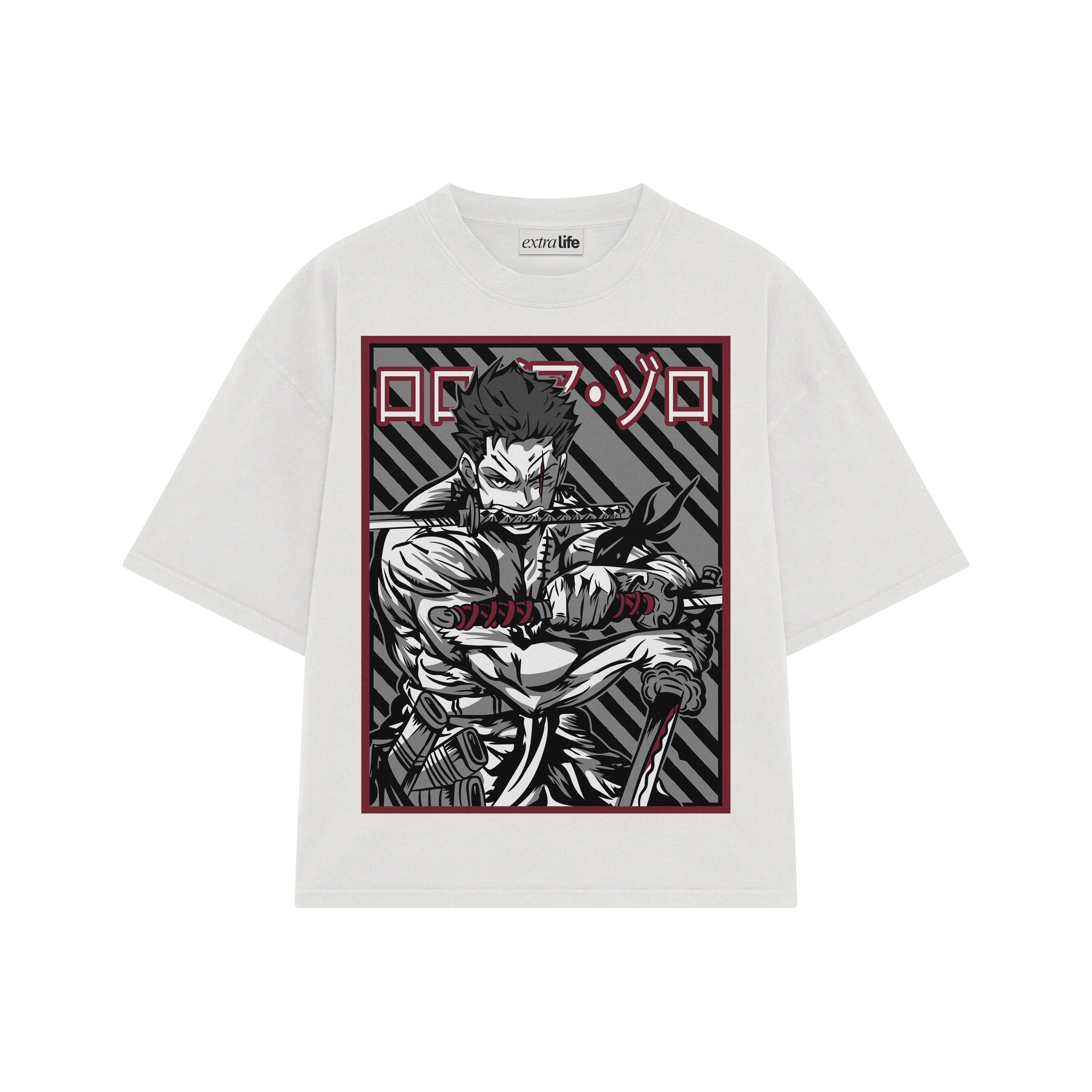 Playera streetwear premium de anime y gaming ExtraLife MX, corte boxy oversized drop shoulder heavyweight en color Deep Black y Off-White, moda urbana mexicana de culto.