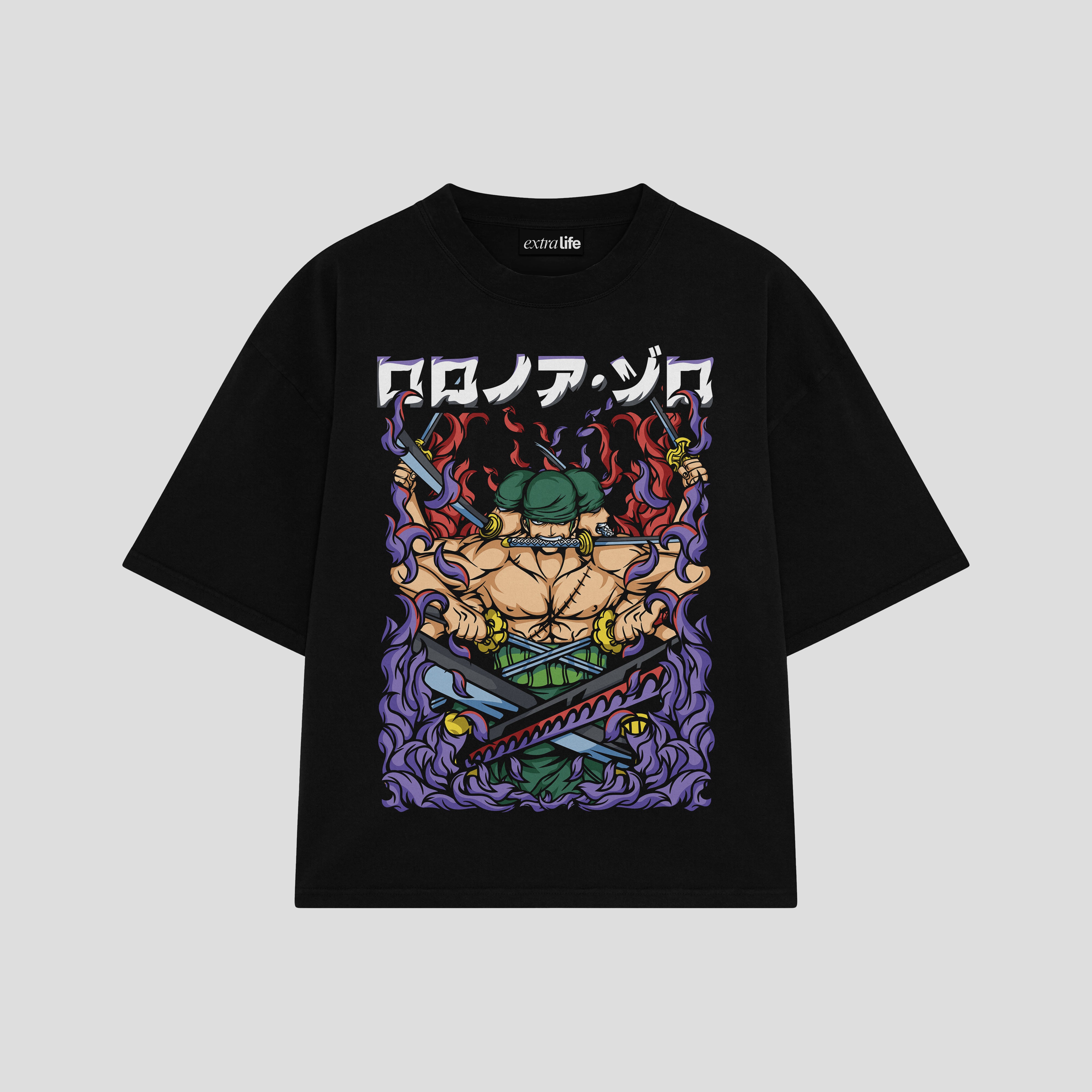 Playera streetwear premium de anime y gaming ExtraLife MX, corte boxy oversized drop shoulder heavyweight en color Deep Black y Off-White, moda urbana mexicana de culto.