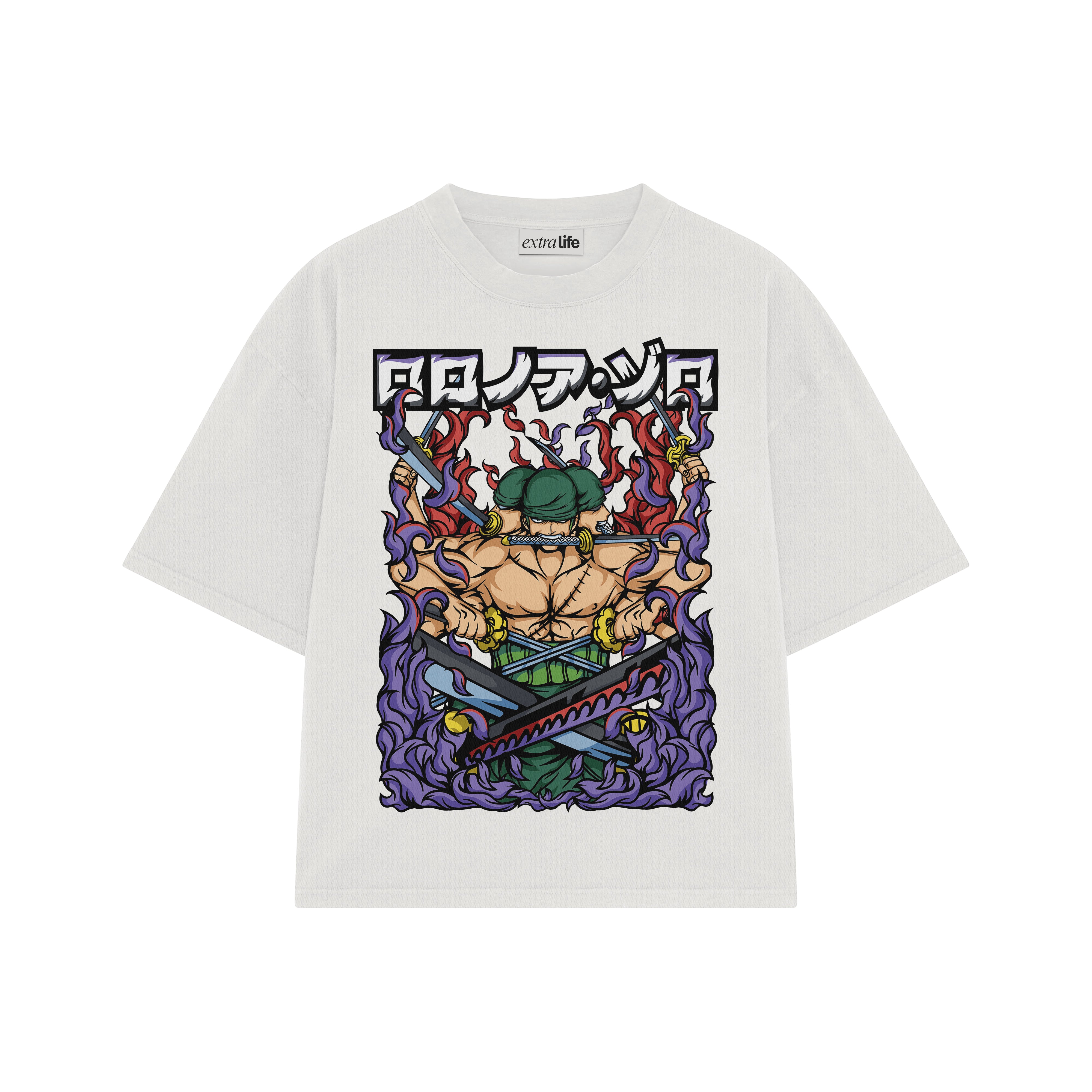 Playera streetwear premium de anime y gaming ExtraLife MX, corte boxy oversized drop shoulder heavyweight en color Deep Black y Off-White, moda urbana mexicana de culto.