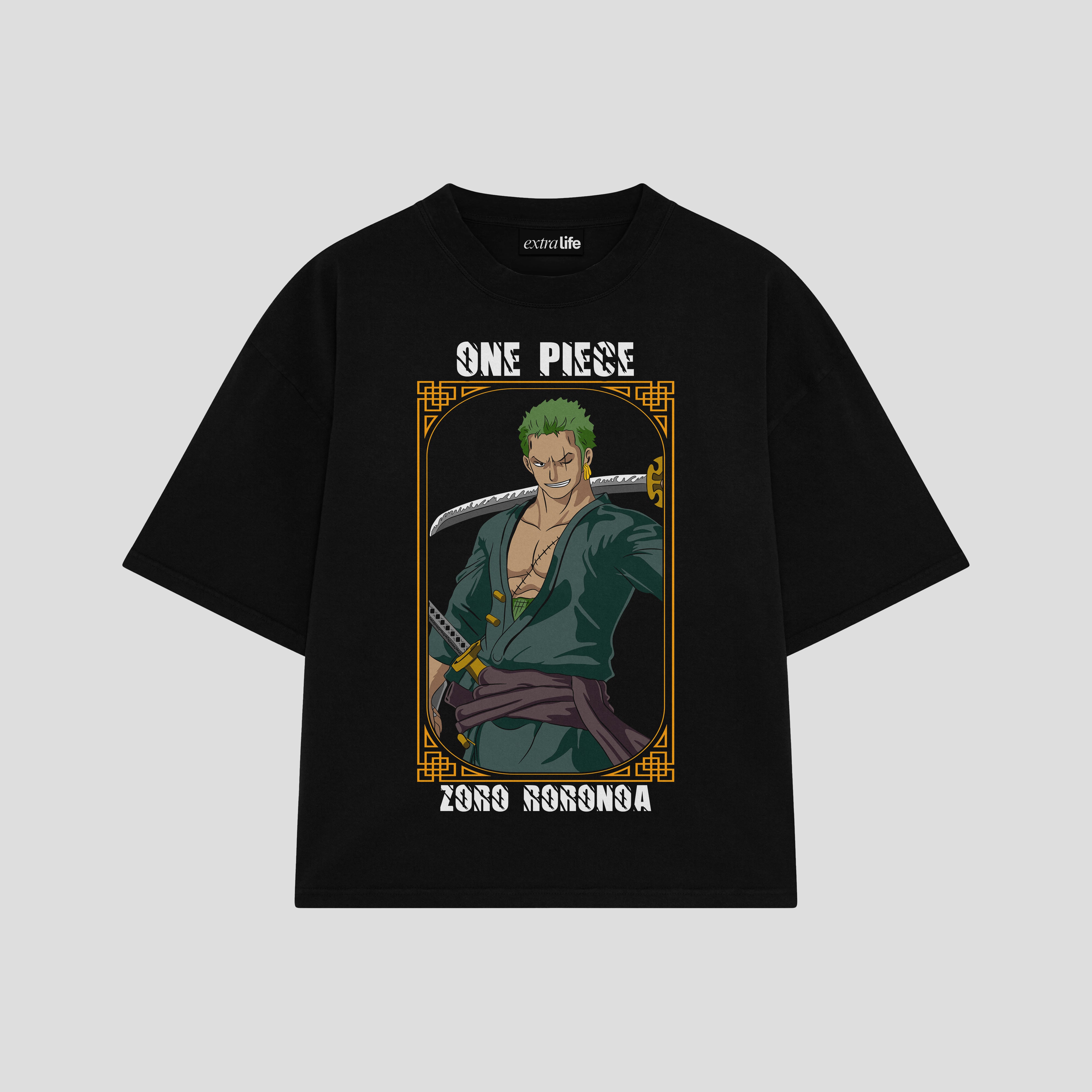 Playera streetwear premium de anime y gaming ExtraLife MX, corte boxy oversized drop shoulder heavyweight en color Deep Black y Off-White, moda urbana mexicana de culto.
