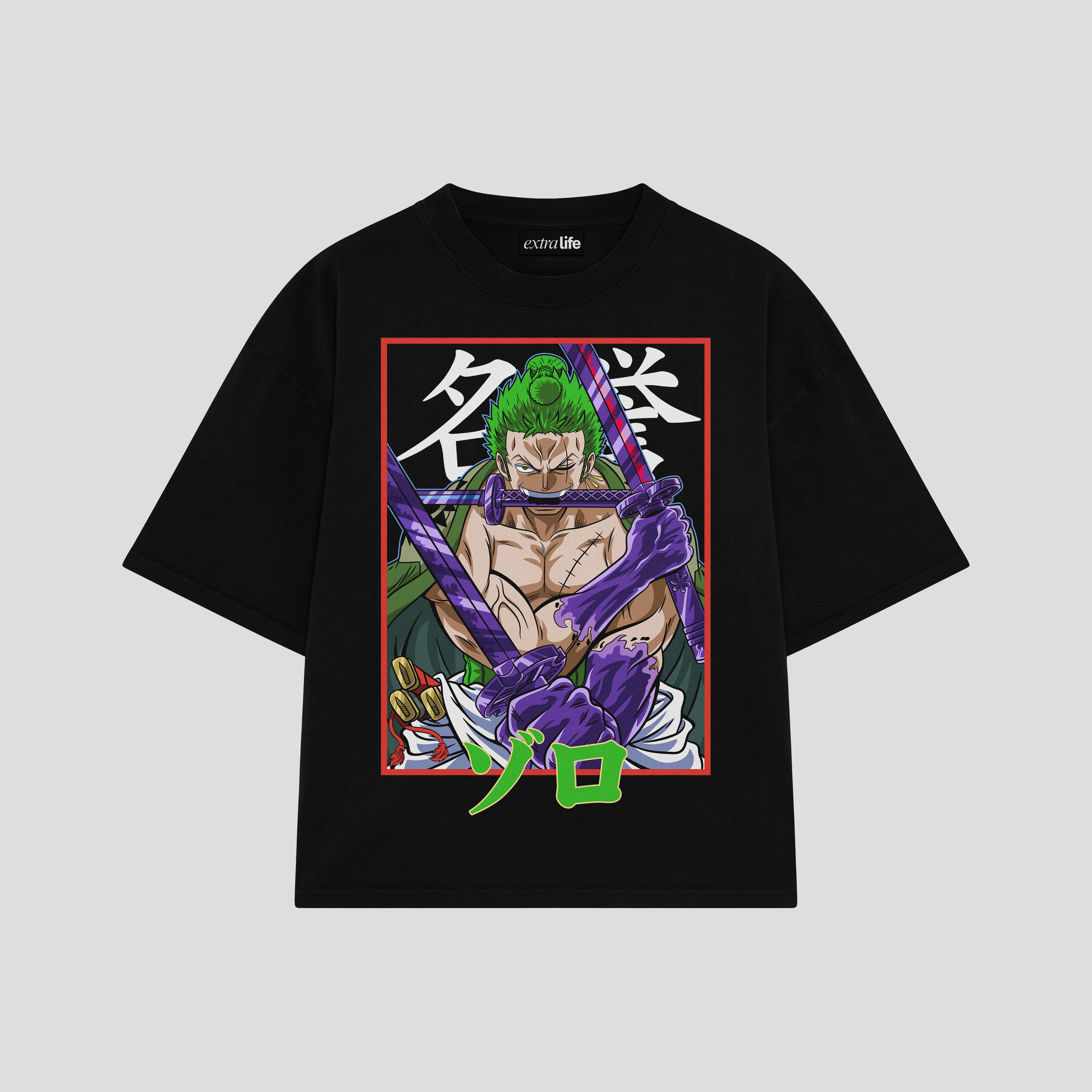 Playera streetwear premium de anime y gaming ExtraLife MX, corte boxy oversized drop shoulder heavyweight en color Deep Black y Off-White, moda urbana mexicana de culto.