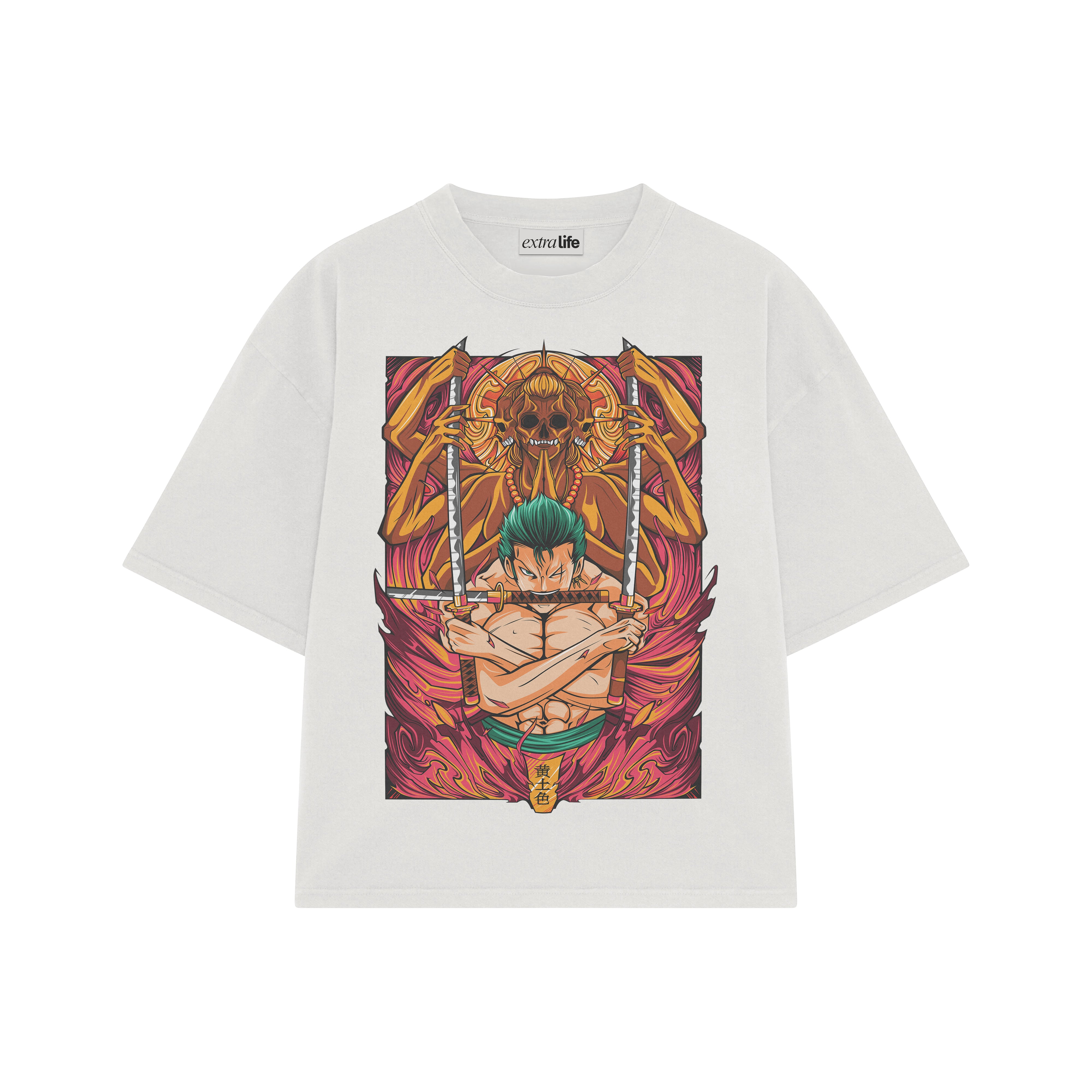 Playera streetwear premium de anime y gaming ExtraLife MX, corte boxy oversized drop shoulder heavyweight en color Deep Black y Off-White, moda urbana mexicana de culto.