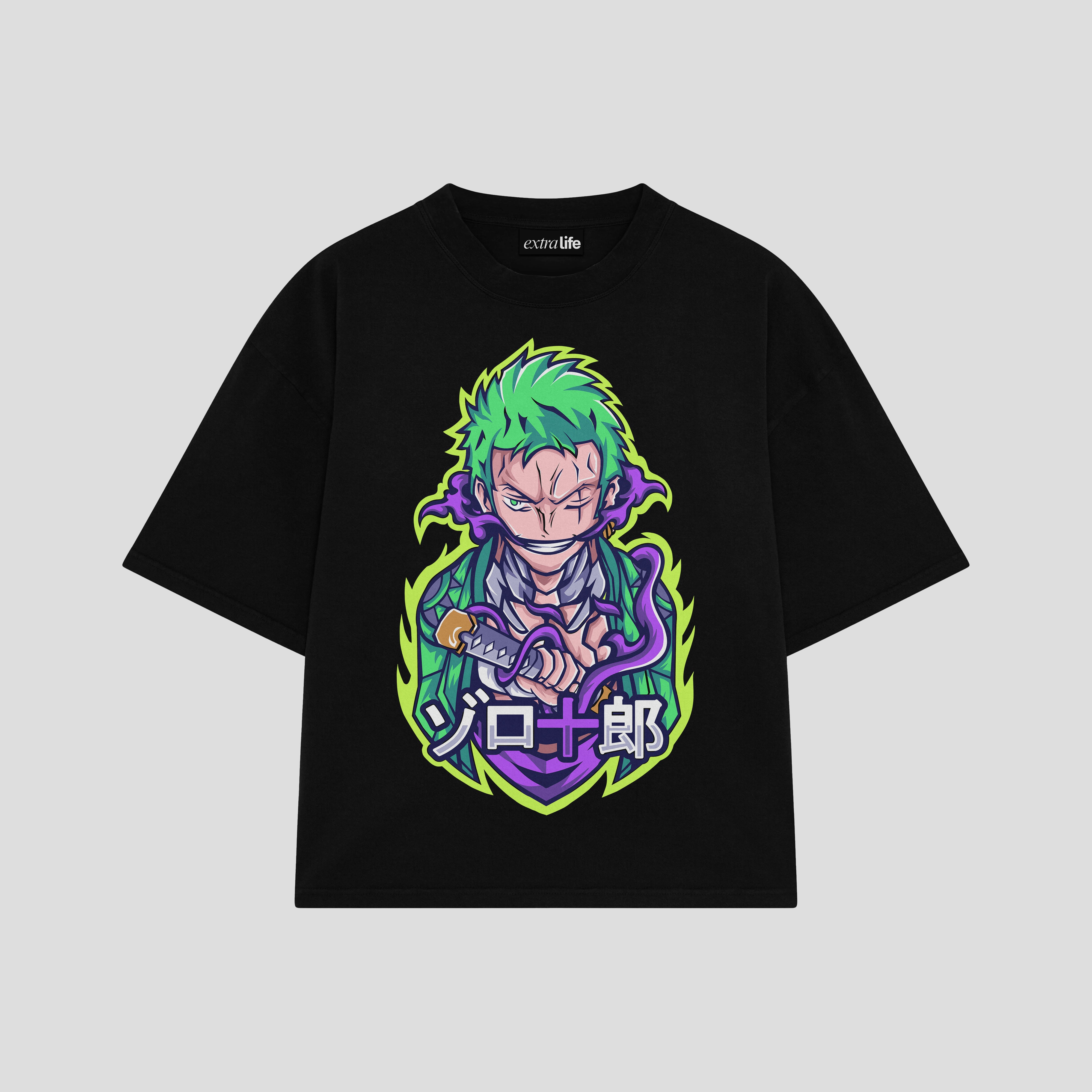 Playera streetwear premium de anime y gaming ExtraLife MX, corte boxy oversized drop shoulder heavyweight en color Deep Black y Off-White, moda urbana mexicana de culto.